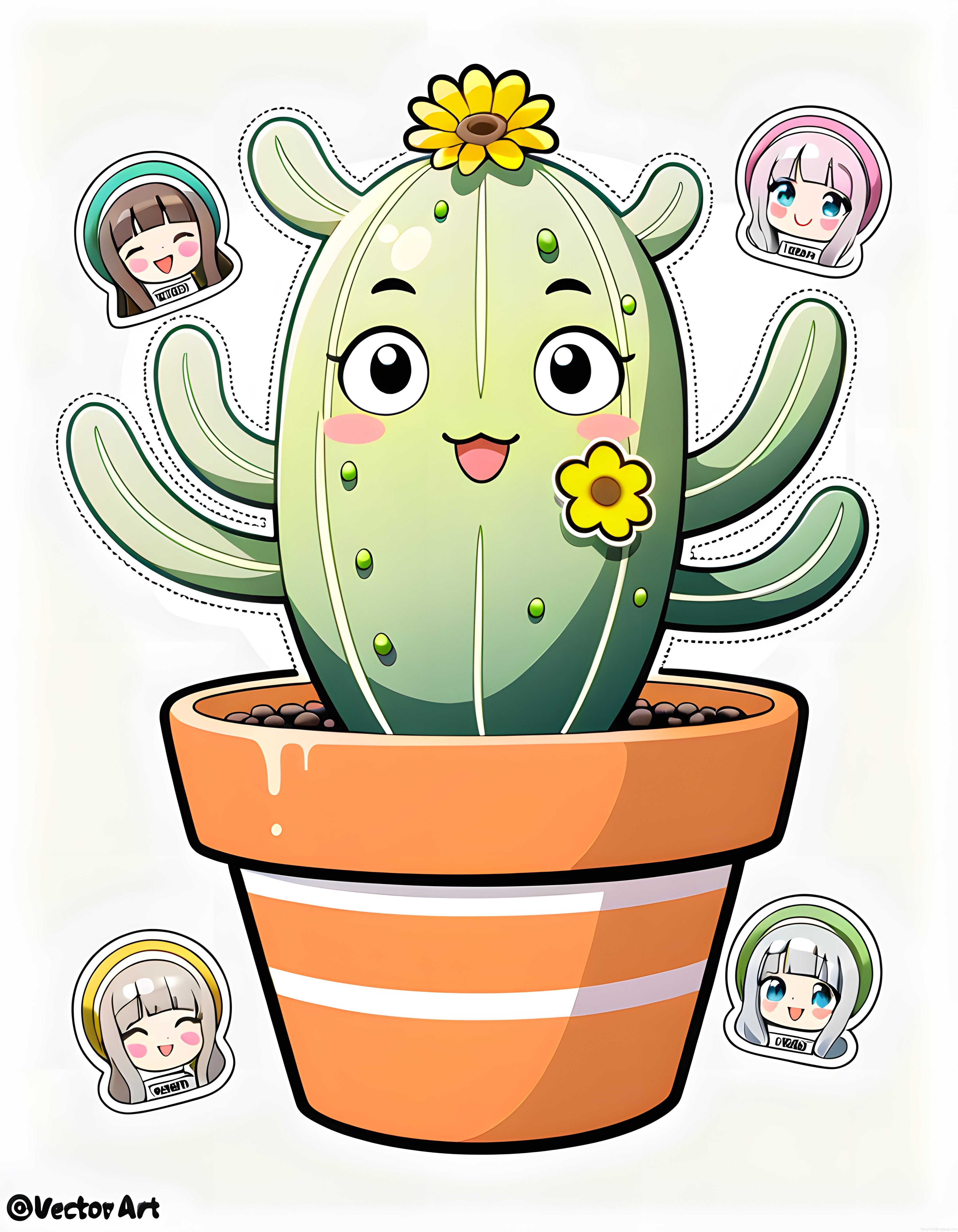 Kawaii Saksı Kaktüs ve Anime Stickerlarıyla Sevimli Vektör Dijital Sanat