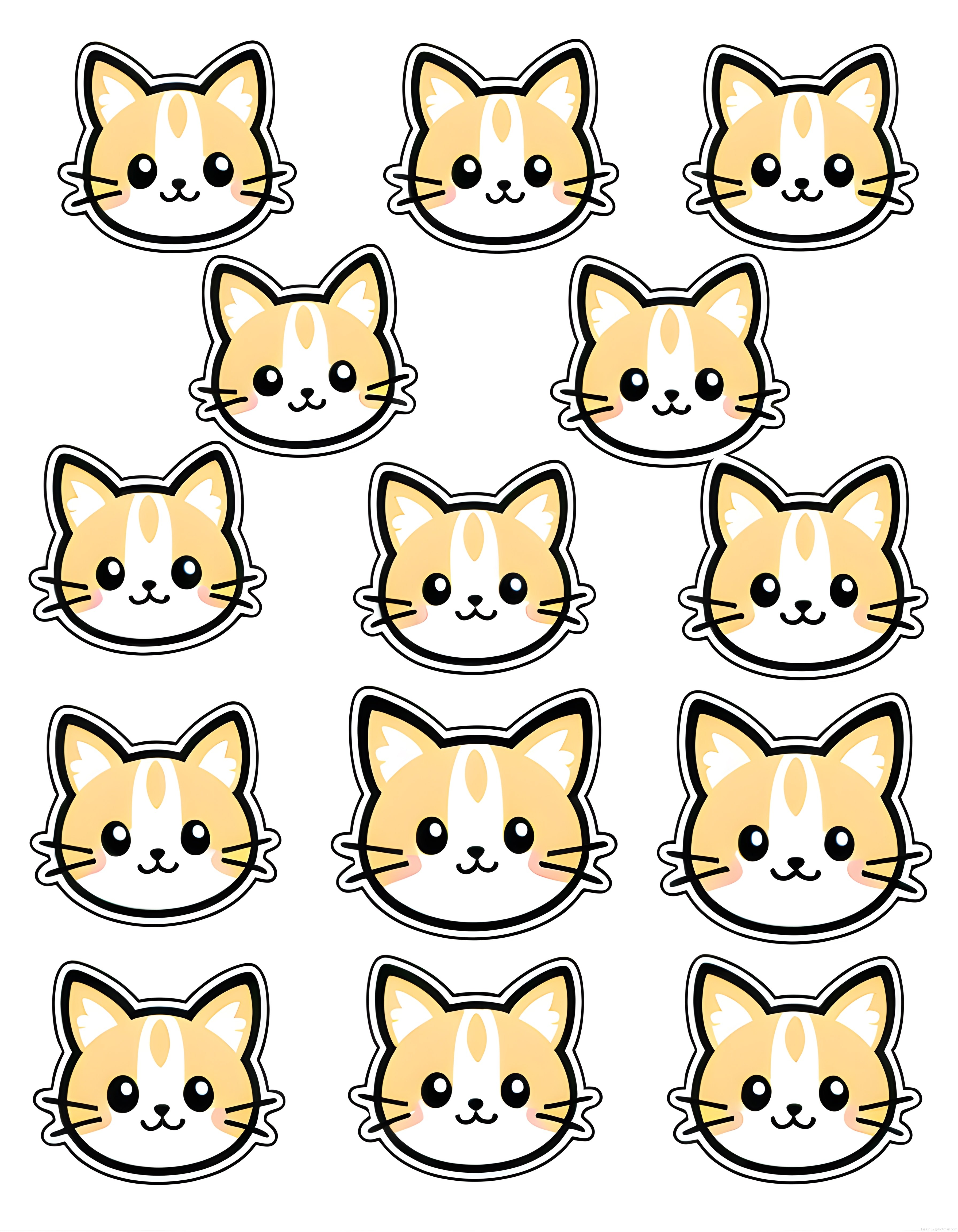 Kawaii Sarı Kedi Çizimleri: Çizgi Film Karakter Sticker ve Çıkartma Seti