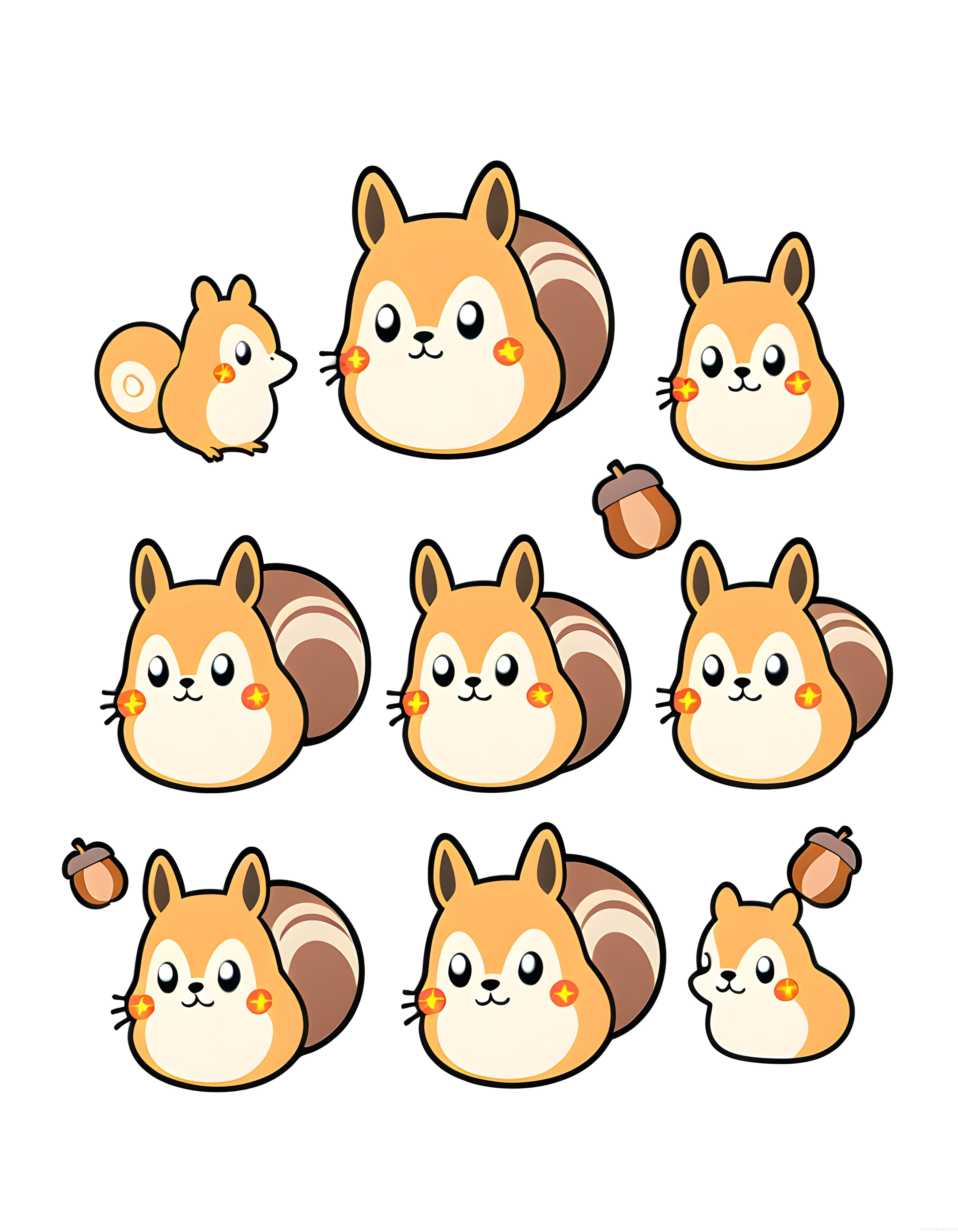Kawaii Sincap Karakter Sticker Seti ve Palamut İllüstrasyonları