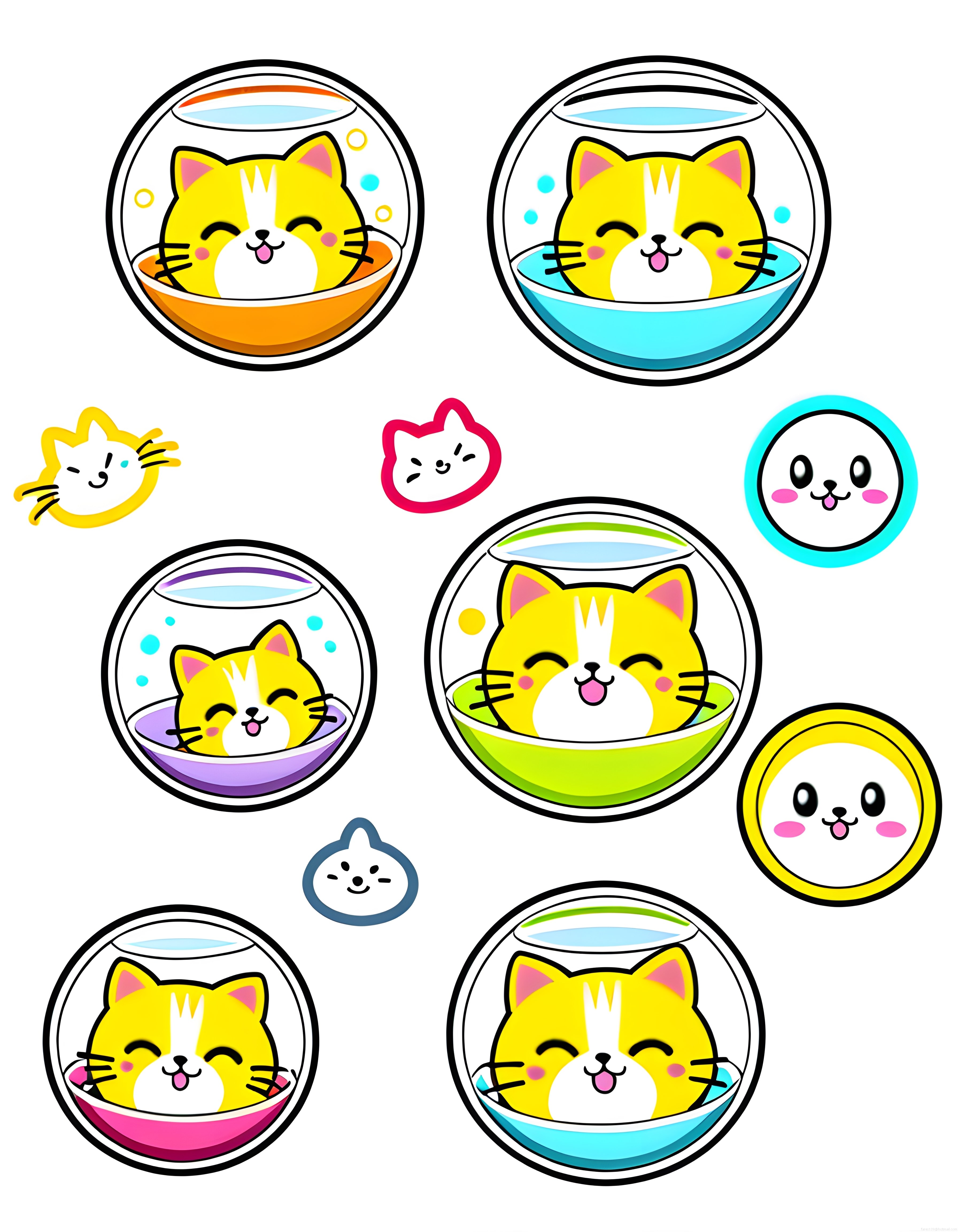 Kawaii Stil Balık Fanuslarında Sevimli Sarı Kediler ve Karakter Sticker Seti