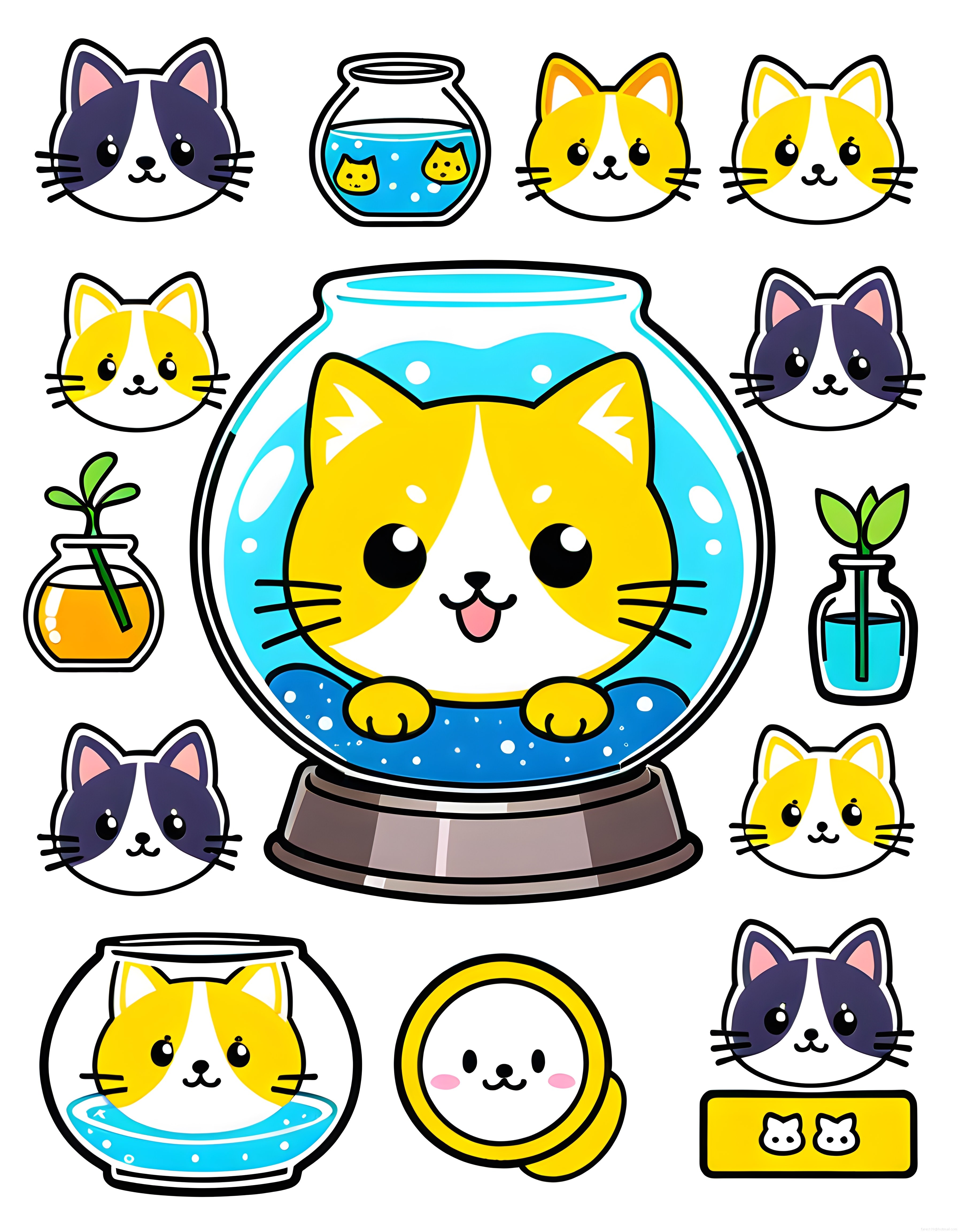 Kawaii Stil Sevimli Kedi Yüzleri ve Akvaryum Dijital Çizim Koleksiyonu