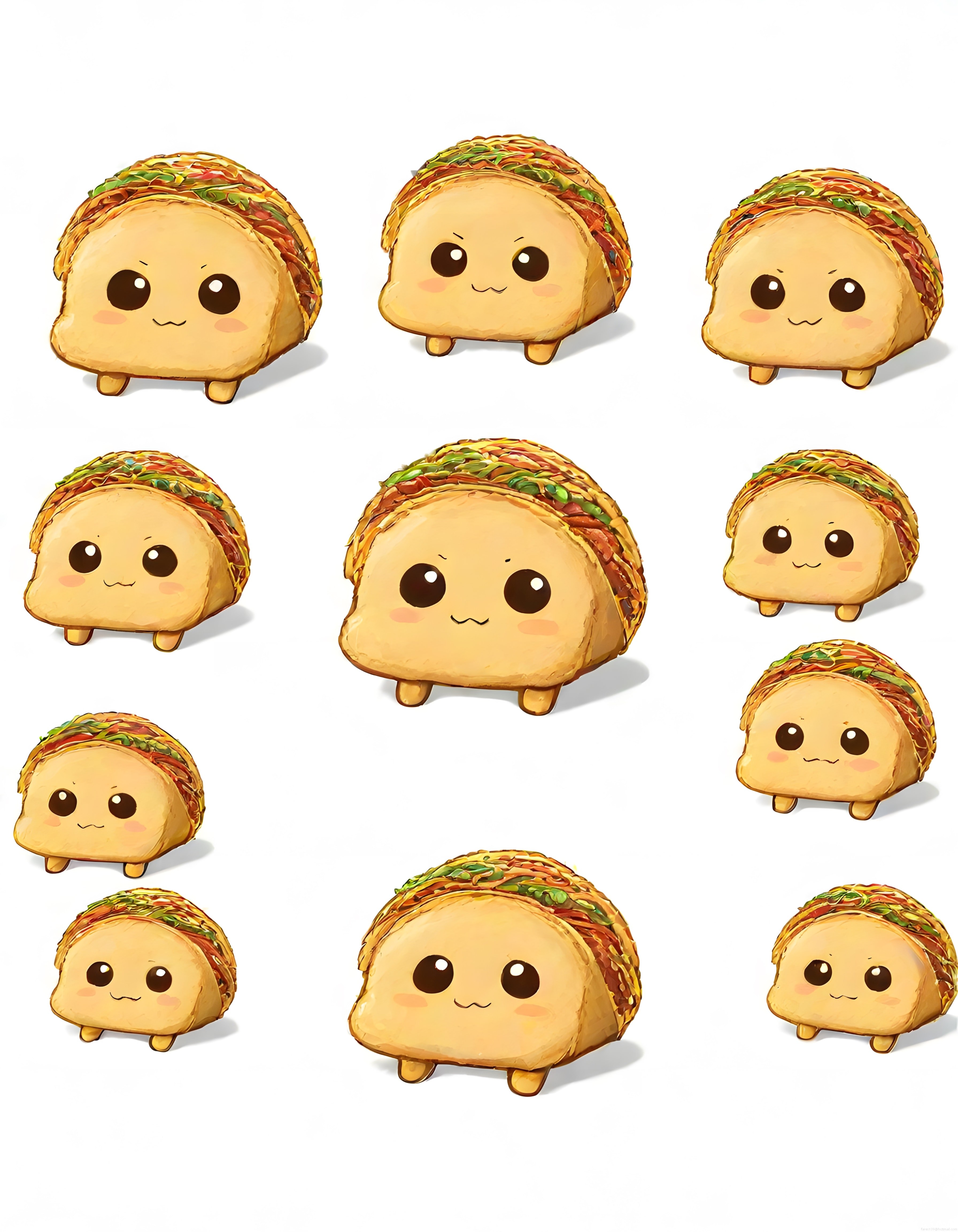 Kawaii taco karakter çizimleri farklı pozisyonlarda yürüyen sevimli yemek maskotları