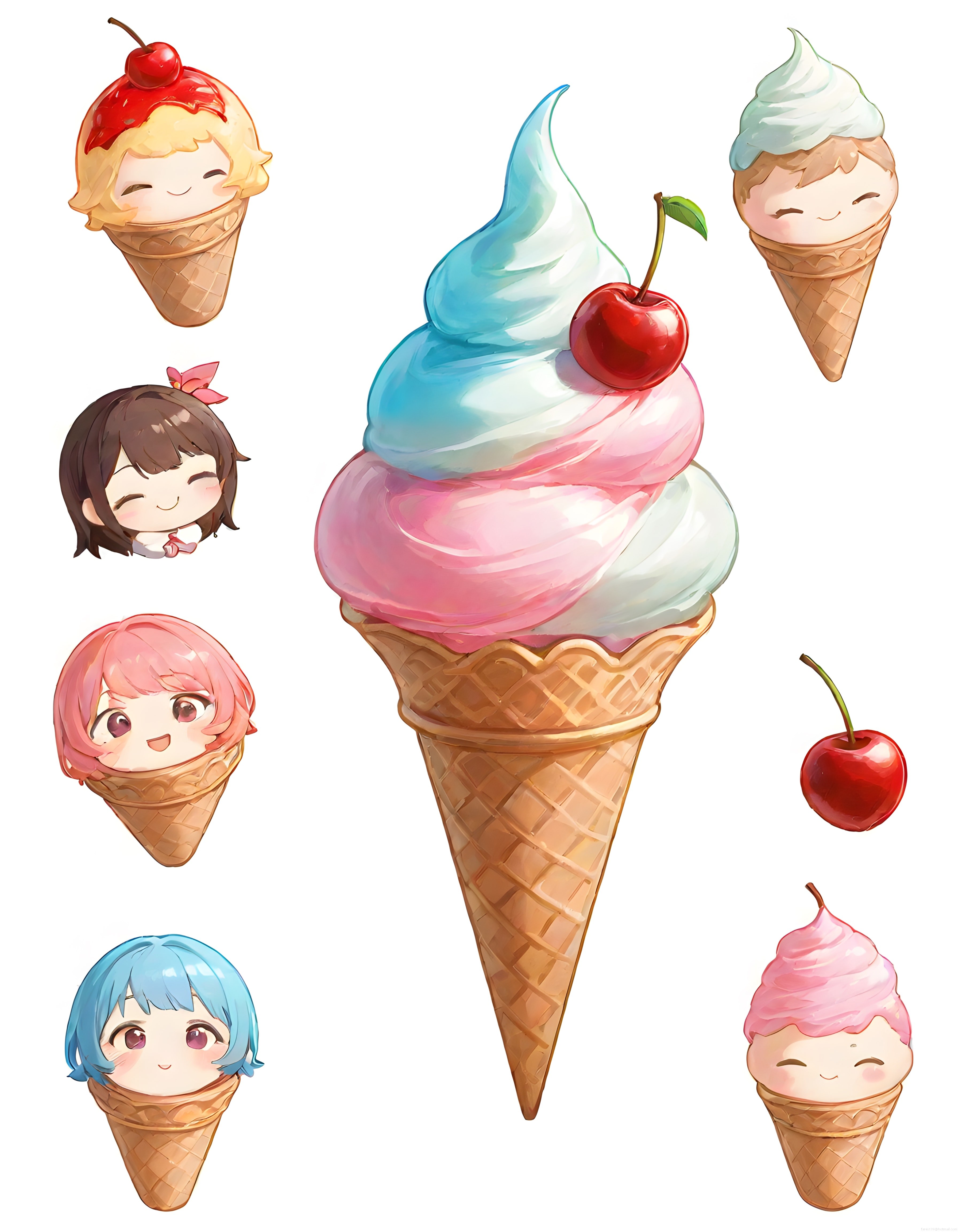 Kawaii tarzı dondurma külahında anime karakterler ve parlak renkli yaz tatlısı
