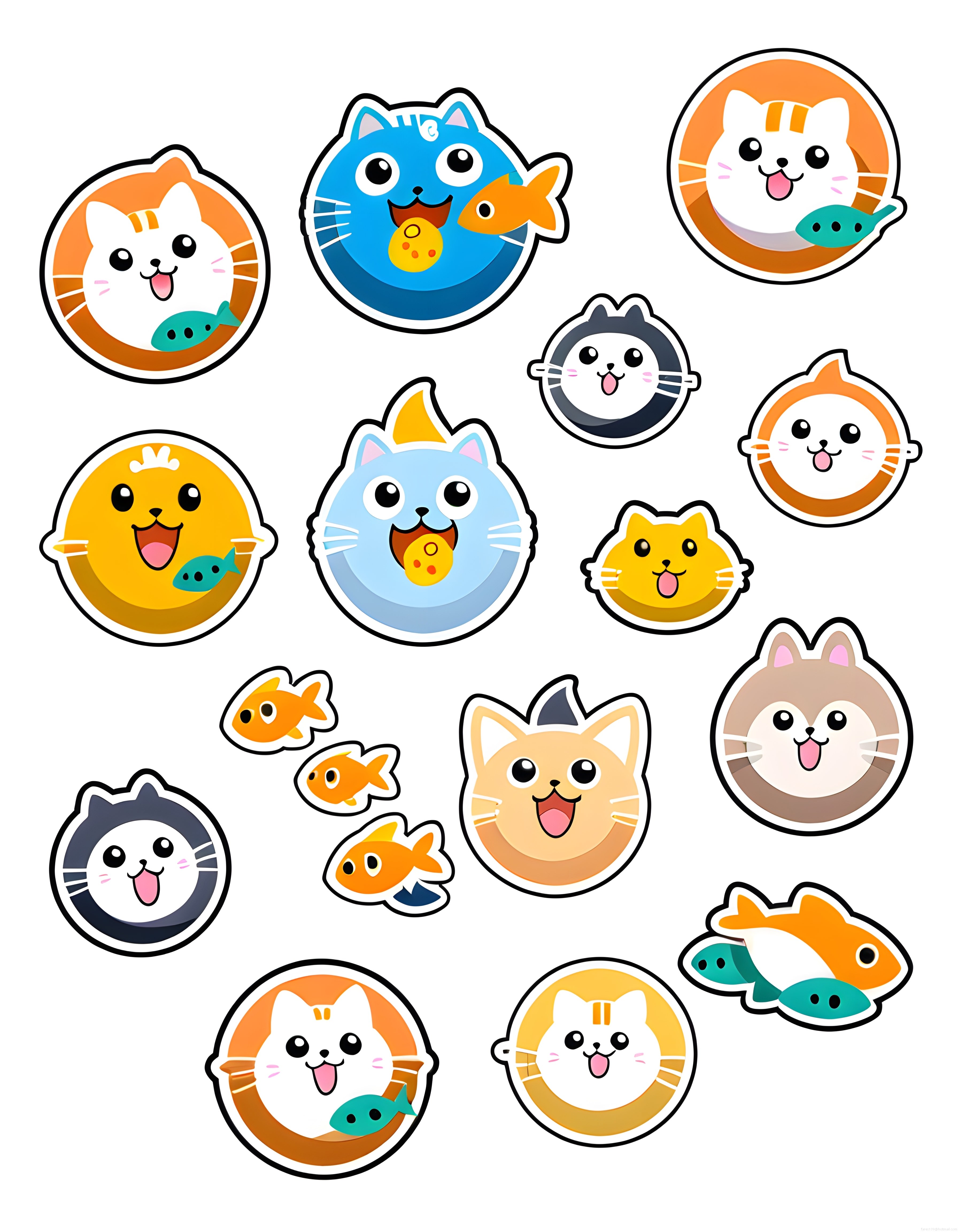 Kawaii tarzı neşeli kedi ve balık çıkartmaları, rengarenk sevimli dostlar