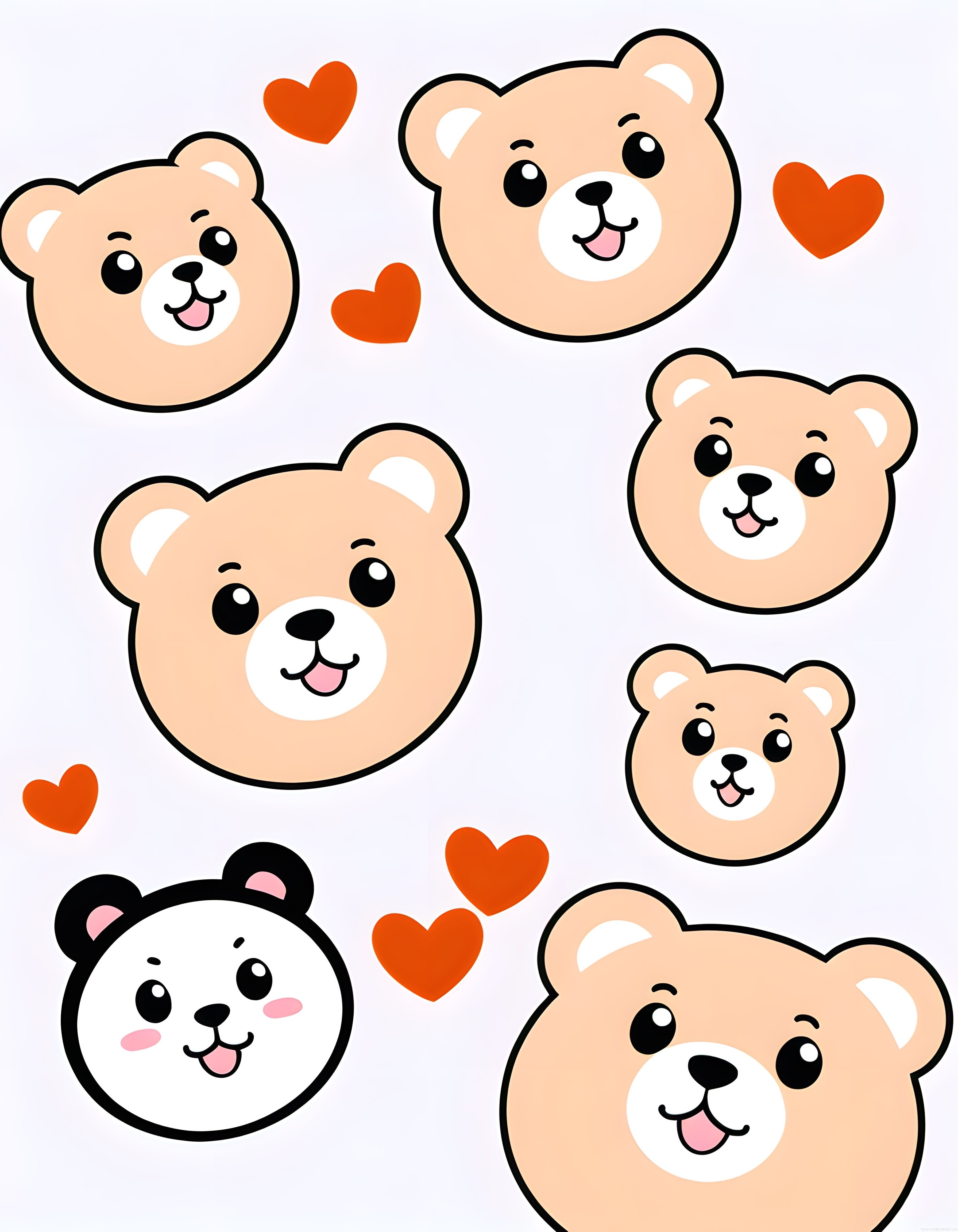 Kawaii Tarzı Sevimli Ayıcık Yüzleri ve Kalp Desenli Dijital İllüstrasyon