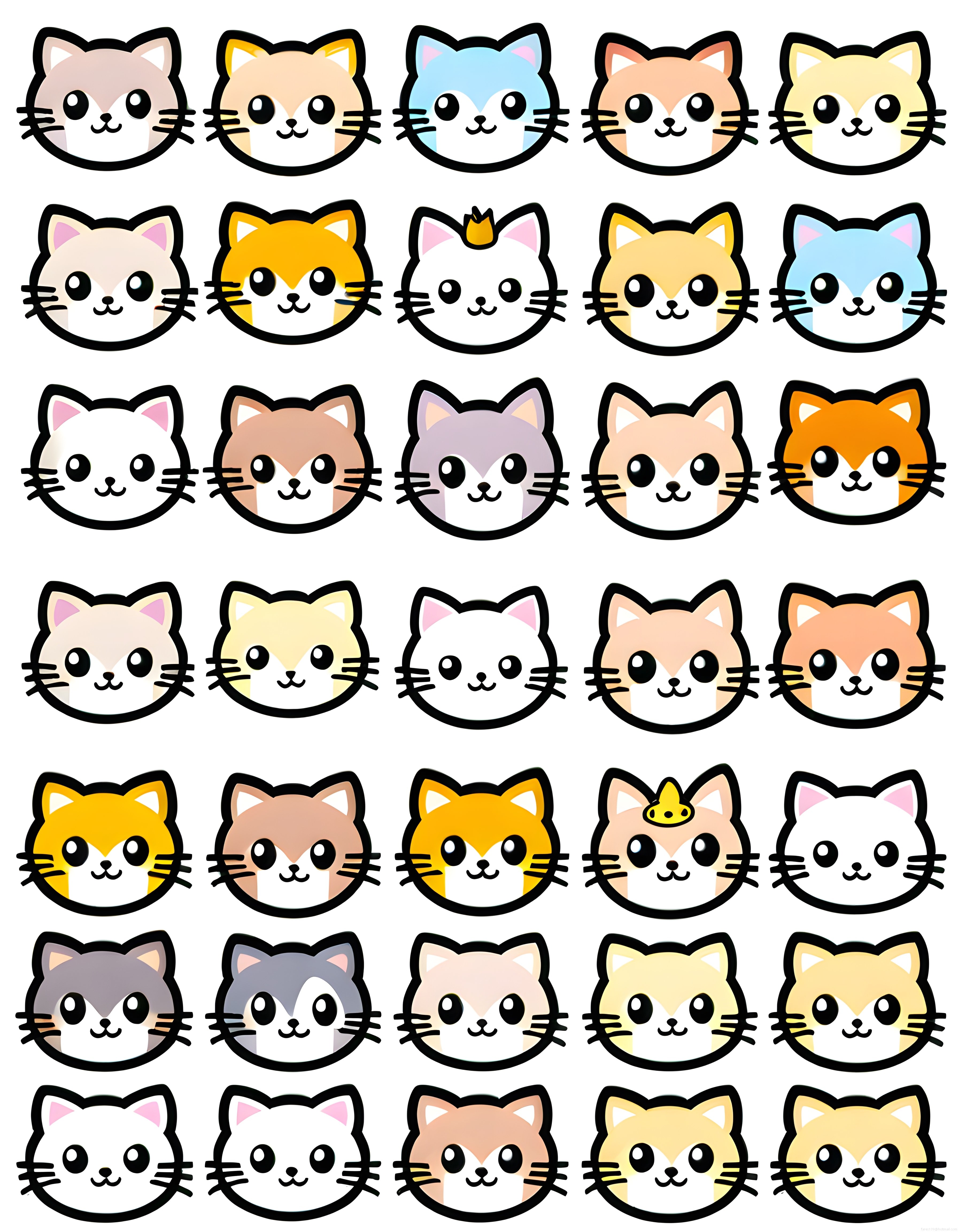 Kawaii Tarzı Sevimli Kedi Yüzleri ve Renkli Karikatür Avatar Çizimleri Seti