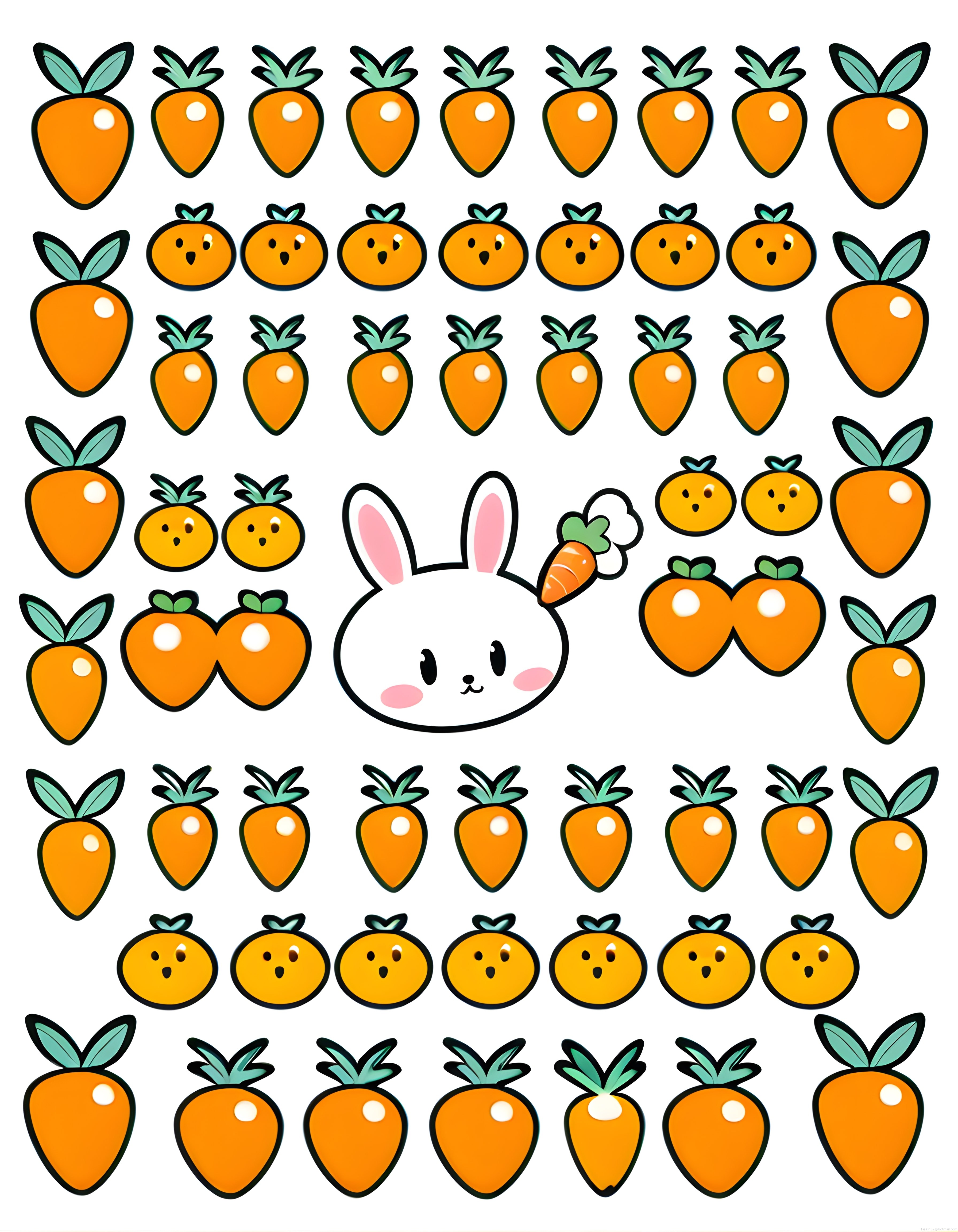 Kawaii tarzı sevimli tavşan ve havuç desenli çocuk odası illüstrasyonu