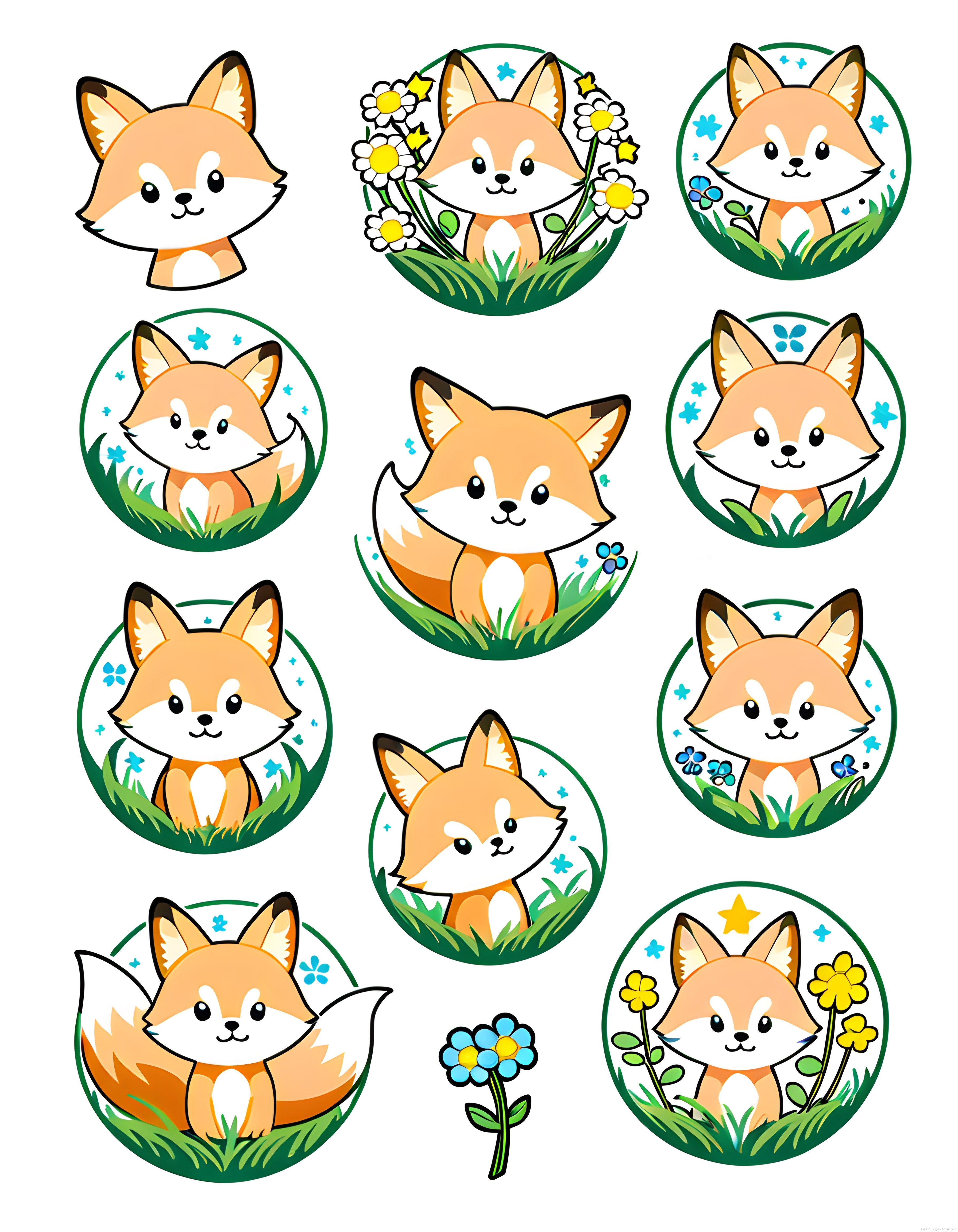 Kawaii Tarzı Sevimli Tilki Çizimleri ve Bahar Çiçekleri Sticker Seti
