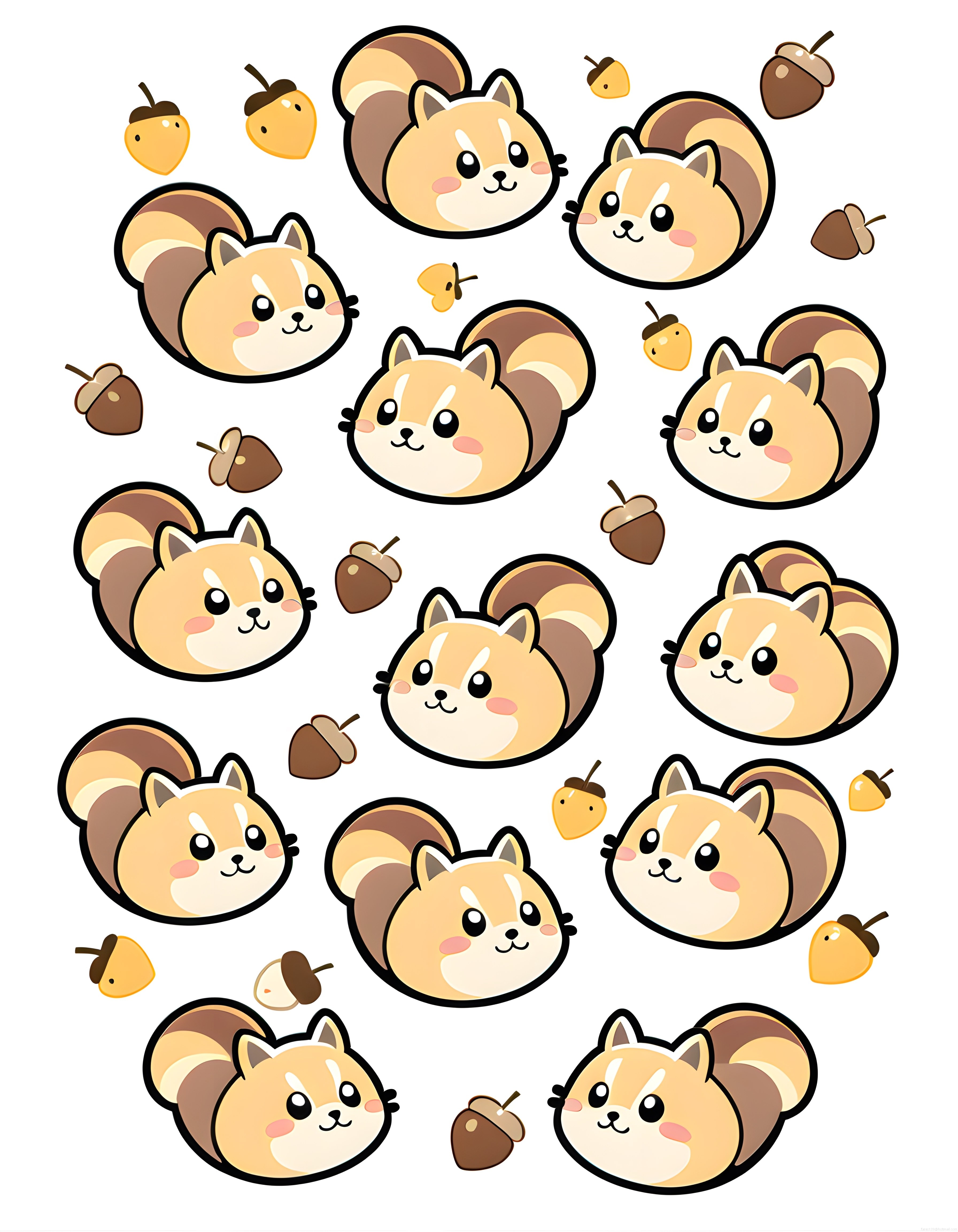 Kawaii Tarzı Yuvarlak Sincap Yüzleri ve Meşe Palamutları Sticker Seti