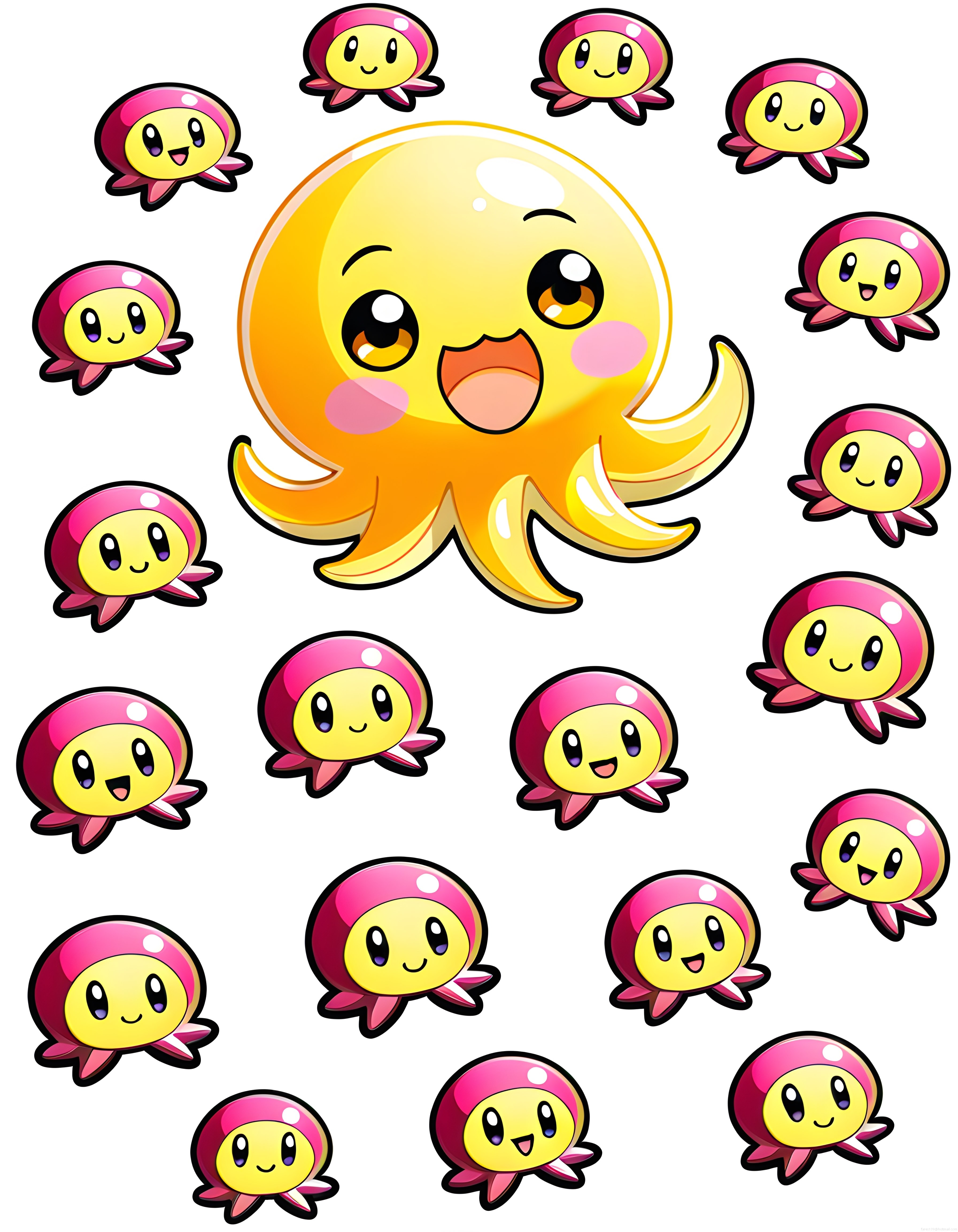 Kawaii Tarzında Neşeli Sarı Ahtapot ve Sevimli Pembe Yavruları Dijital Çizim