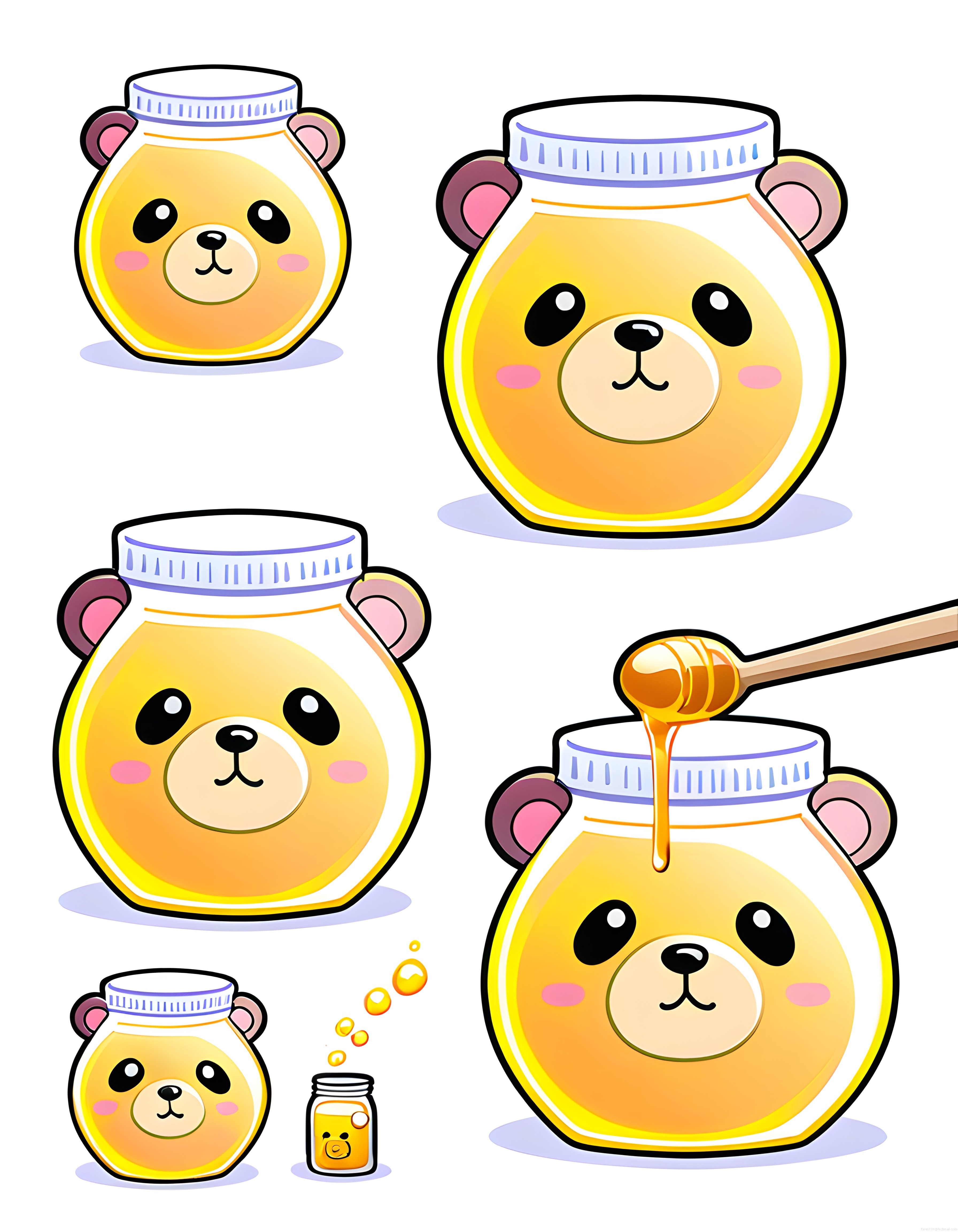 Kawaii tarzında sevimli bal kavanozu ayı karakteri illüstrasyonu ve vektör set