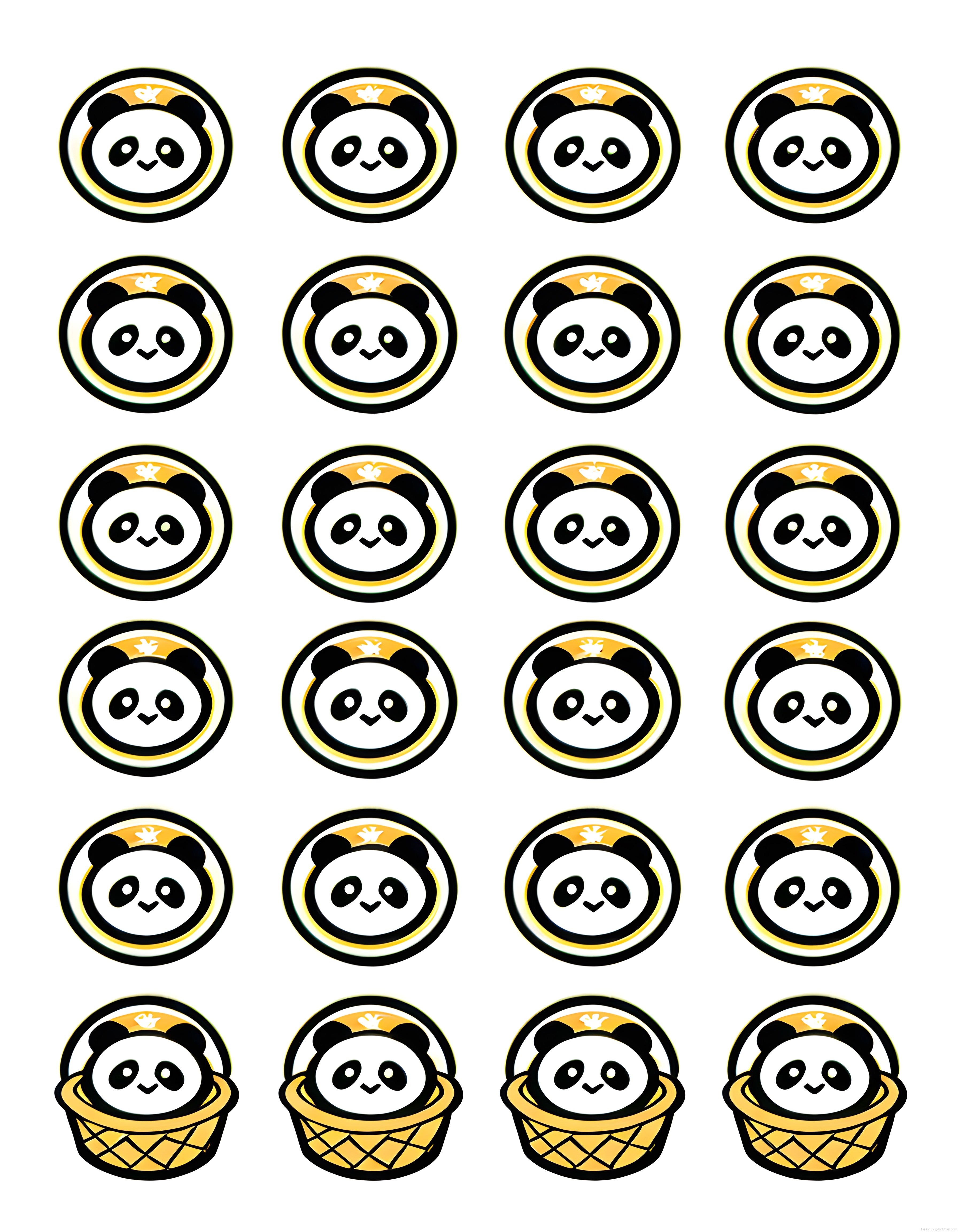 Kawaii Tarzında Sevimli Panda Yüzlü Yuvarlak Rozet ve Hasır Sepet Desen Seti