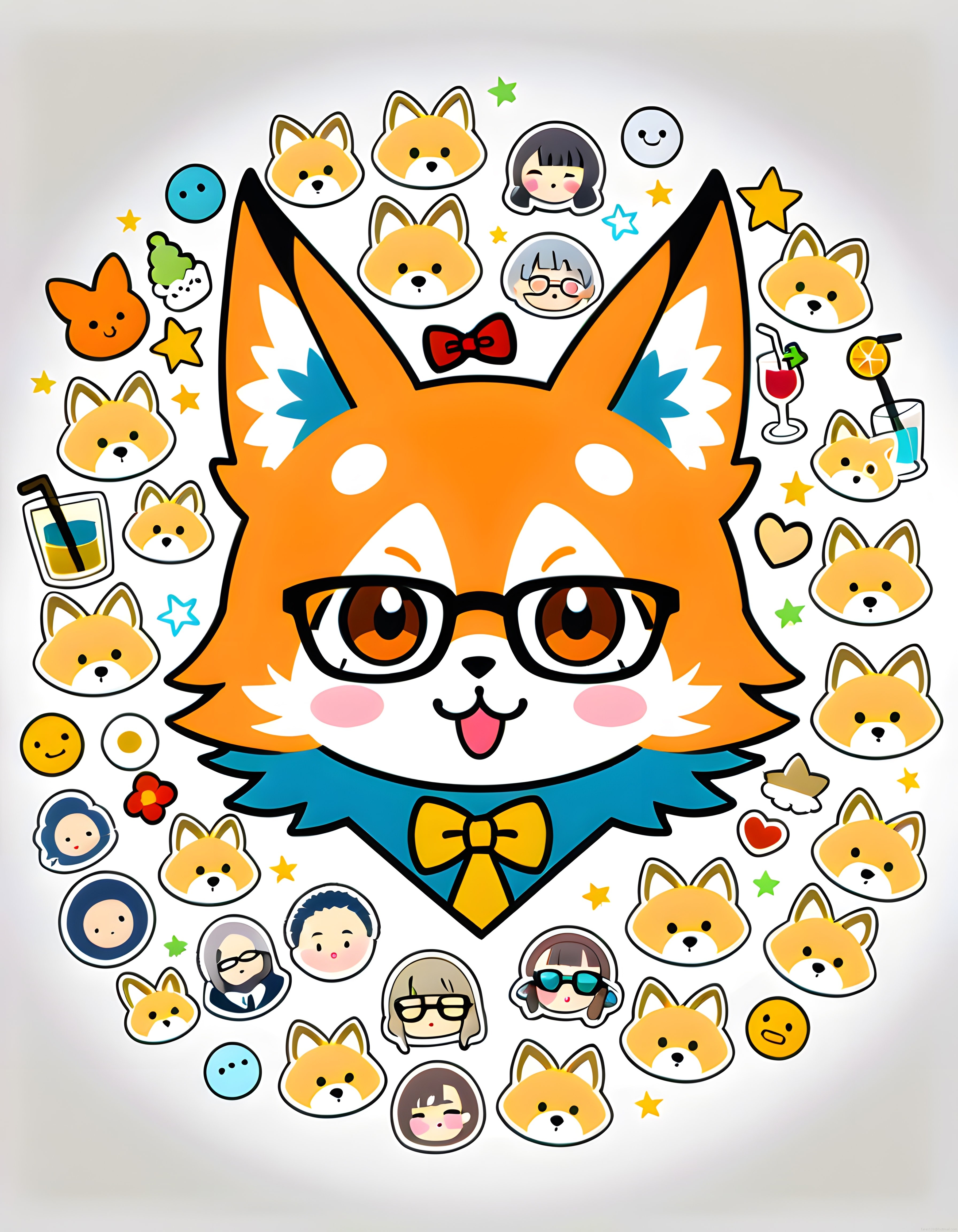 Kawaii Tarzında Sevimli Tilki ve Shiba İnu Stickerları İçeren Çizgi Film Görseli