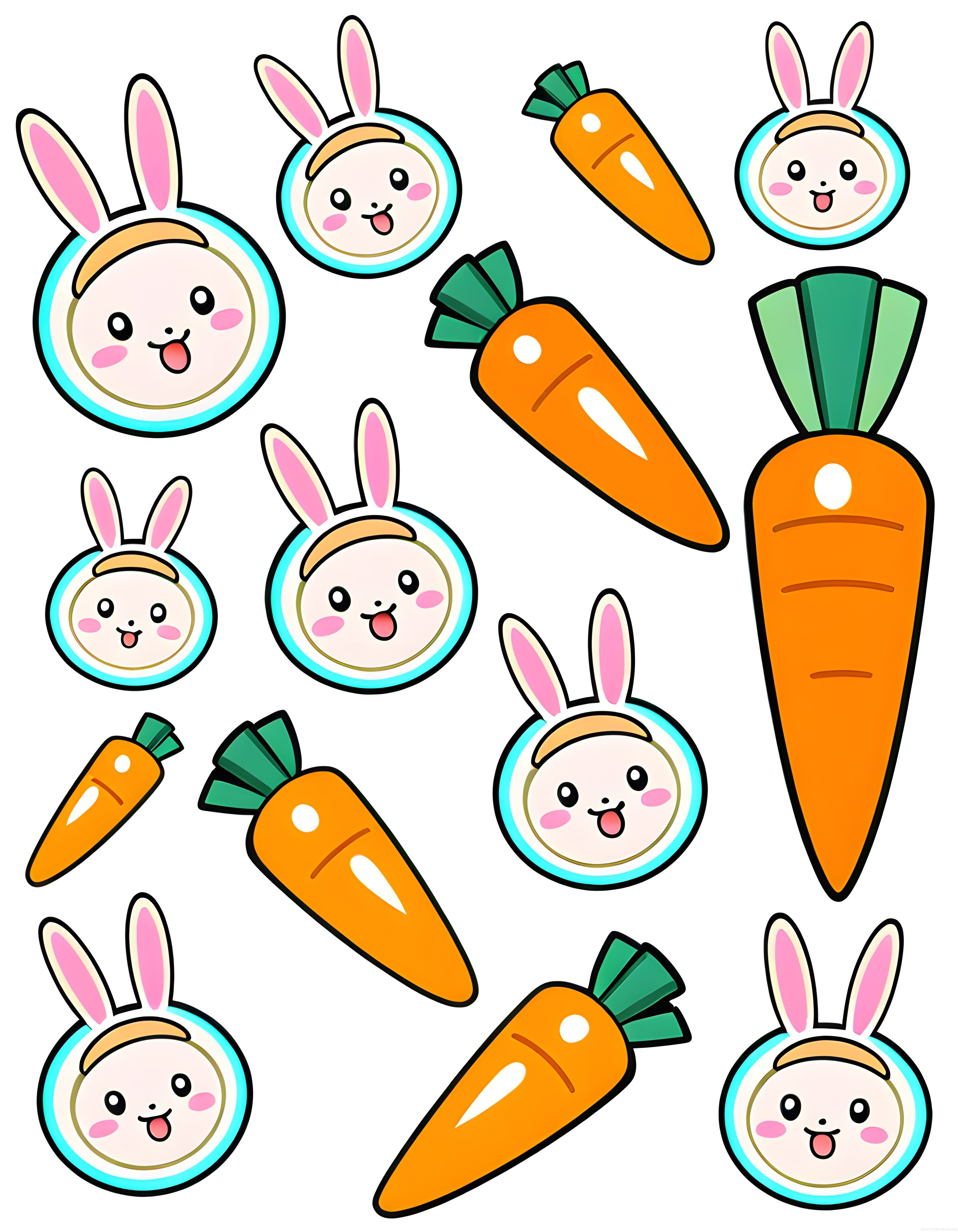Kawaii Tavşan ve Havuç Çizimleri: Sevimli Dijital Sticker ve İllüstrasyon Seti