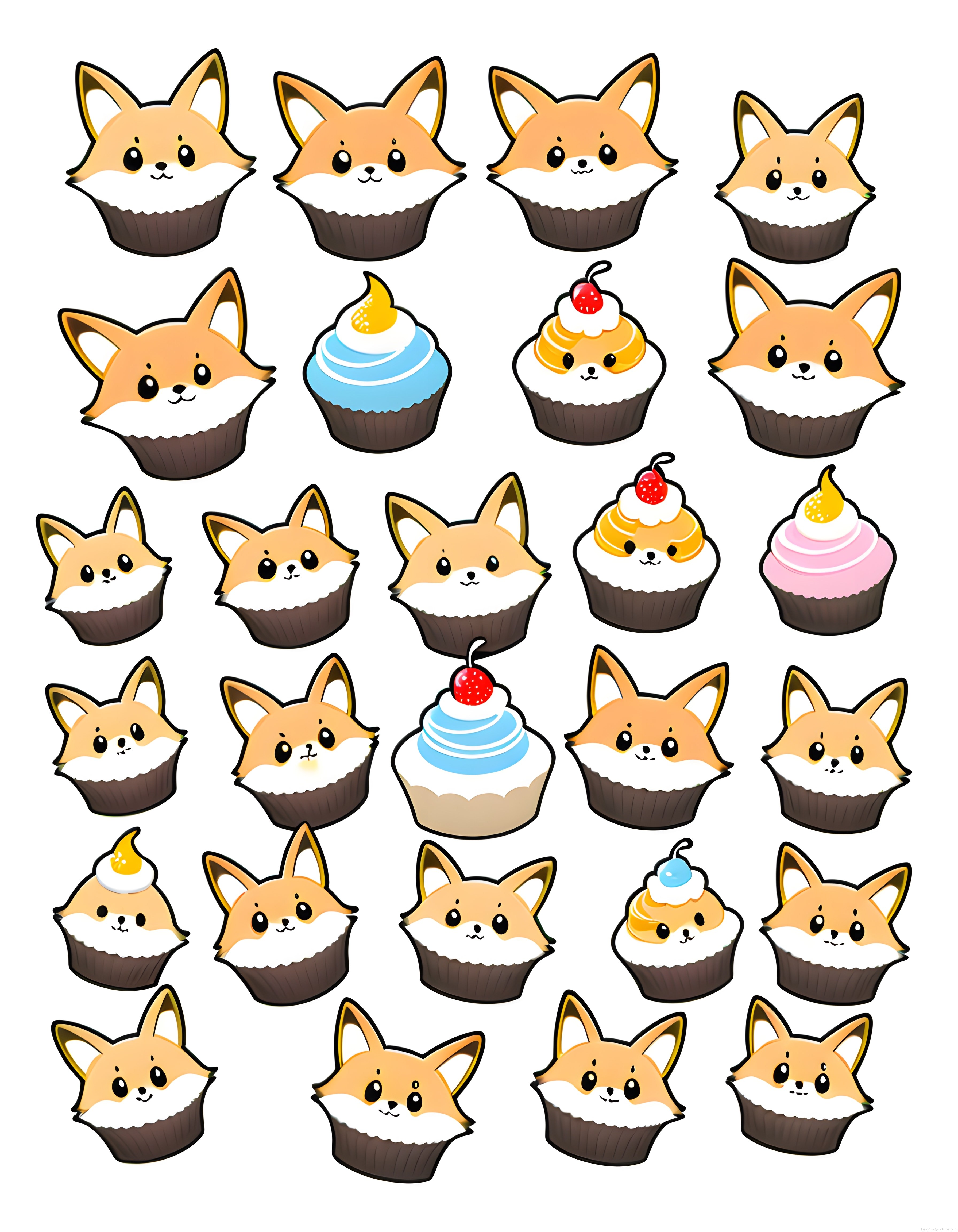 Kawaii tilki cupcake çizimleri ve sevimli dijital tatlı karakter seti