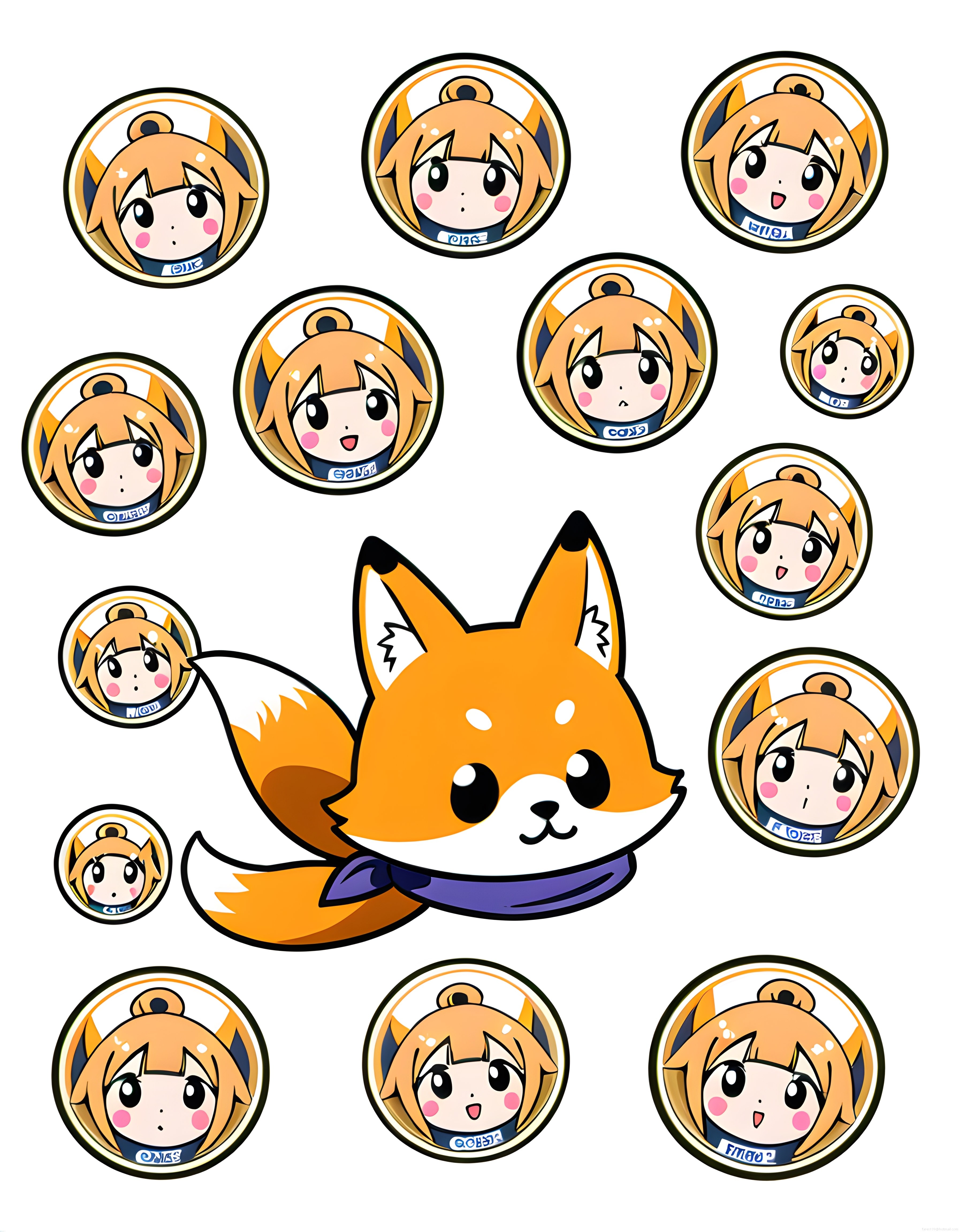 Kawaii tilki maskot ve anime kız rozetleri ile sevimli dijital çizim