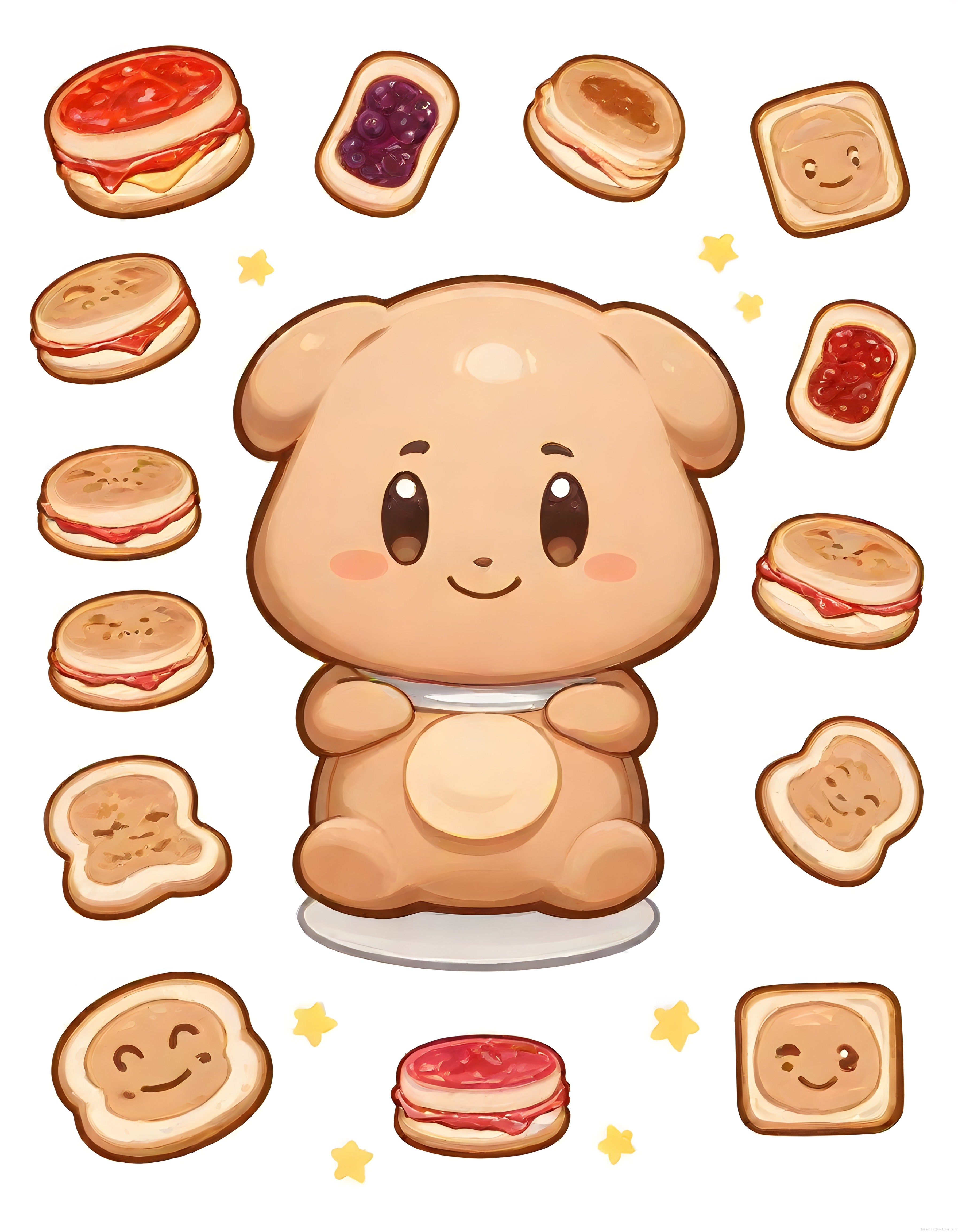 Kawaii Tost Köpek Karakteri ve Renkli Reçelli Ekmek Dilimleri Sanatı