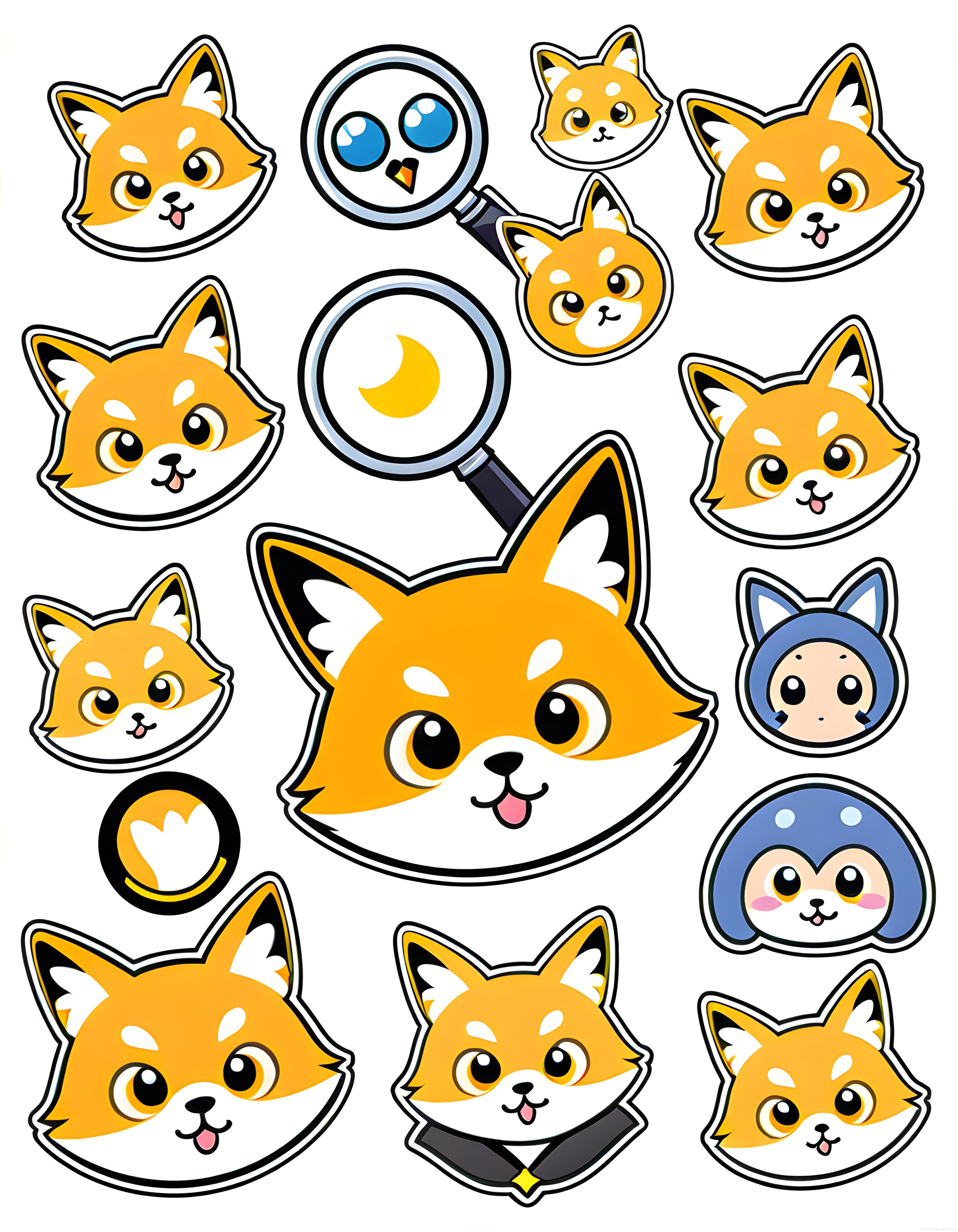 Kawaii turuncu tilki sticker seti: sevimli karakter ve hayvan çizimleri