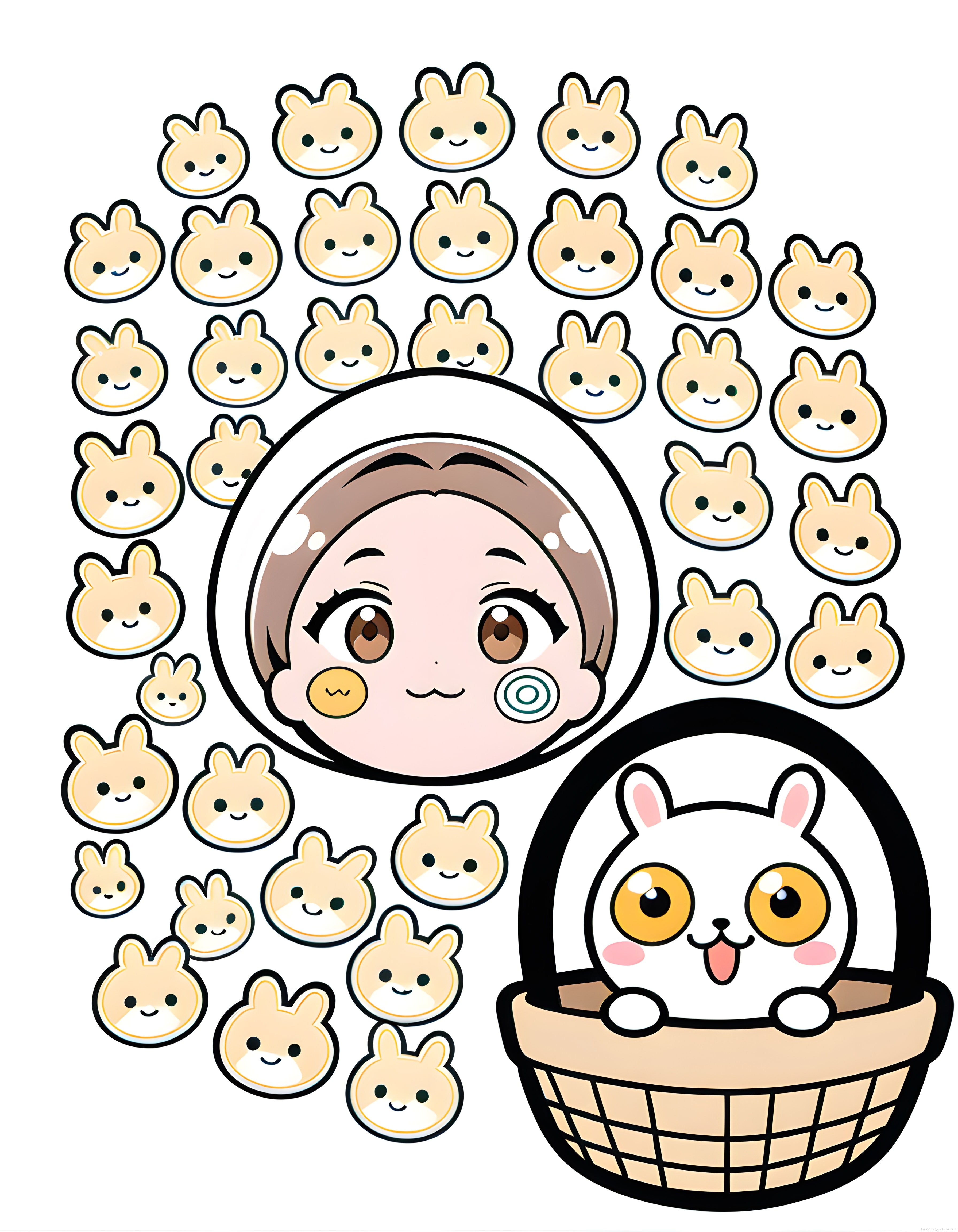 Kawaii uzay bebeği ve sepetteki tavşan ile pastel tavşan yüzleri çizimi