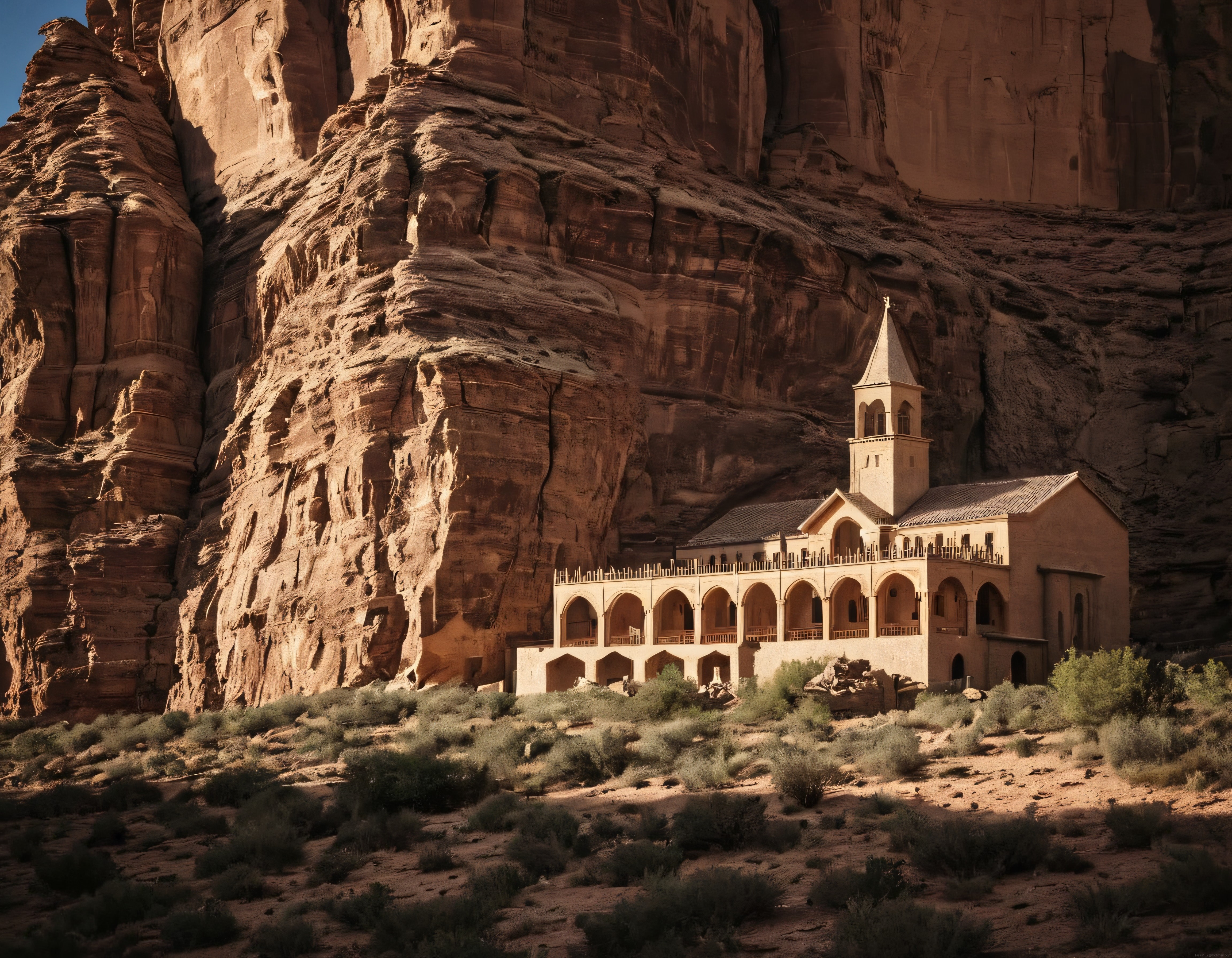 Kaya Duvarının İçindeki Tarihi Manastır ve Altın Işıklı Çöl Atmosferi Kaya Duvarının İçindeki Tarihi Manastır ve Altın Işıklı Çöl Atmosferi