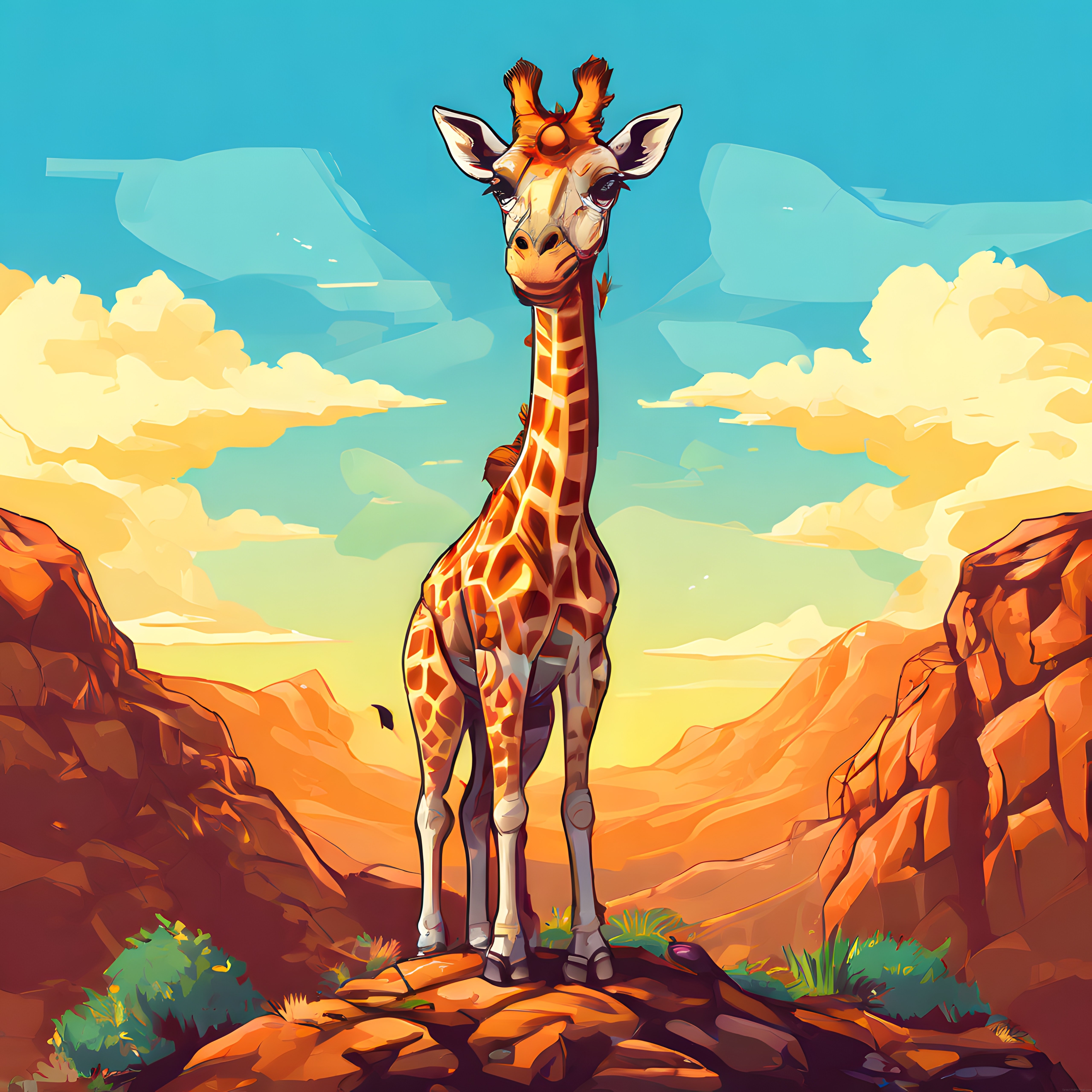 Kayalık çöl manzarasında tek başına duran zürafanın dijital sanat illüstrasyonu