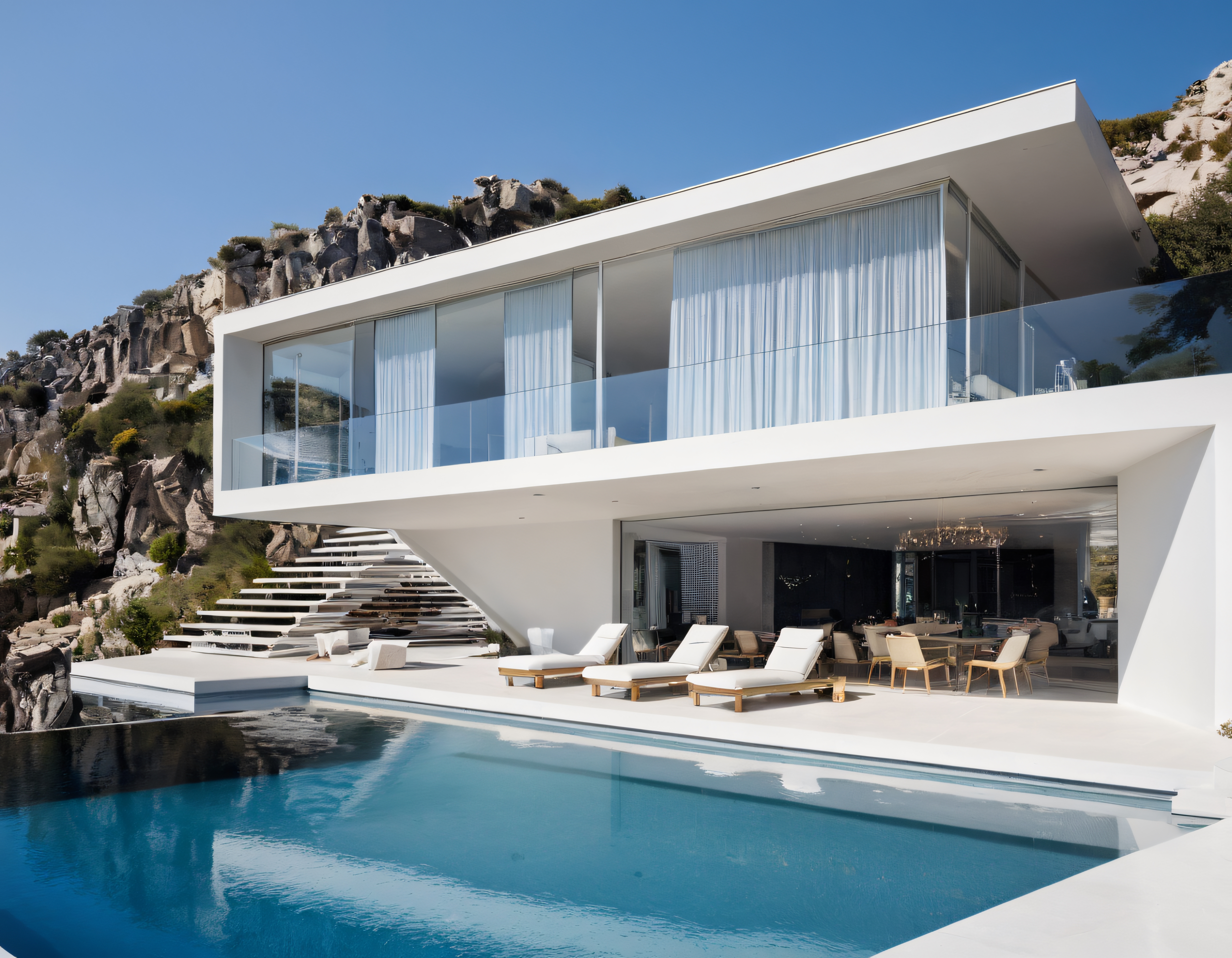Kayalık Eğimde Cam Cepheli Modern Beyaz Villa ve Sonsuz Havuz Manzarası