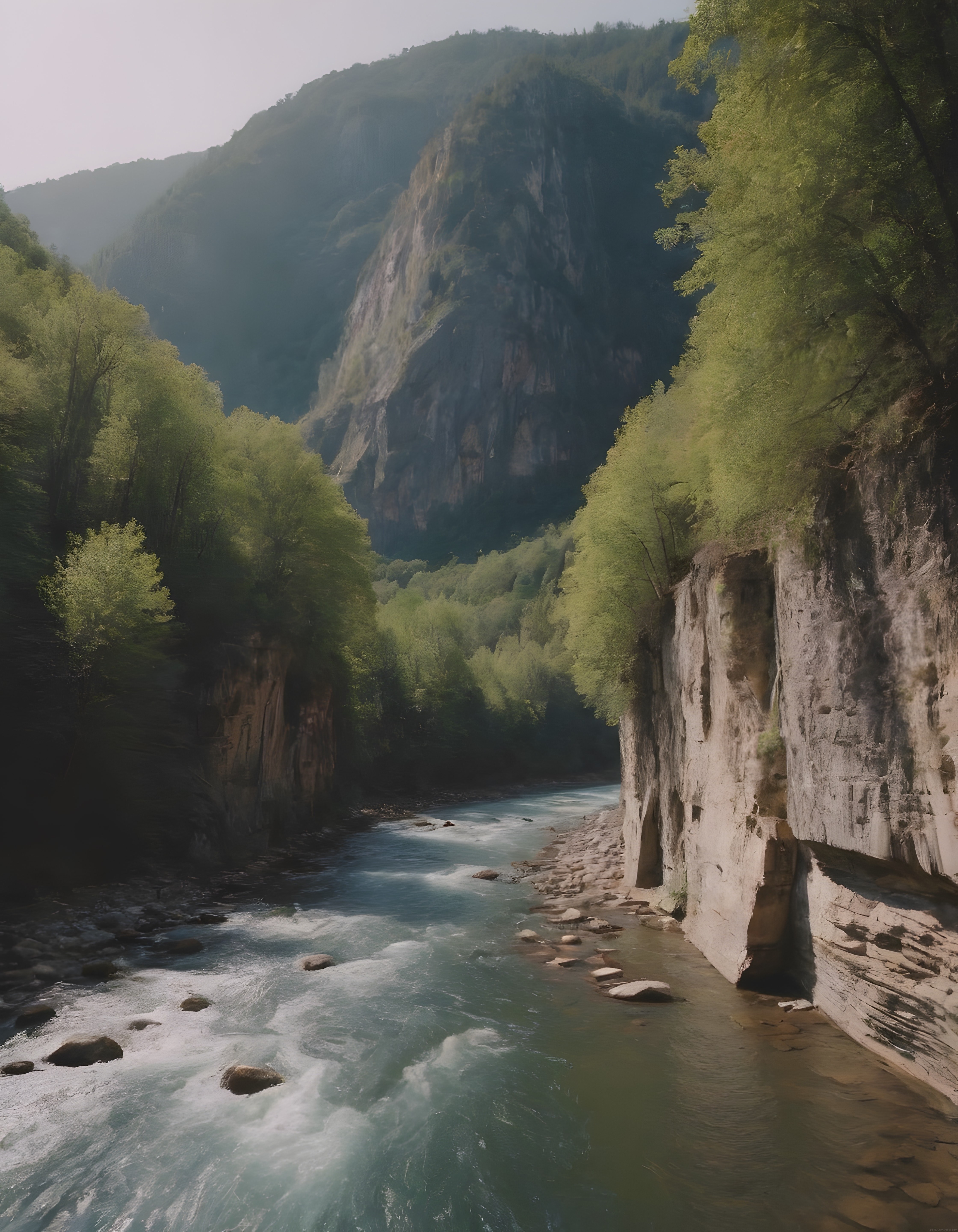 Kayalık Kanyon Arasında Yeşil Ağaçlarla Çevrili Sakin Nehir Manzarası