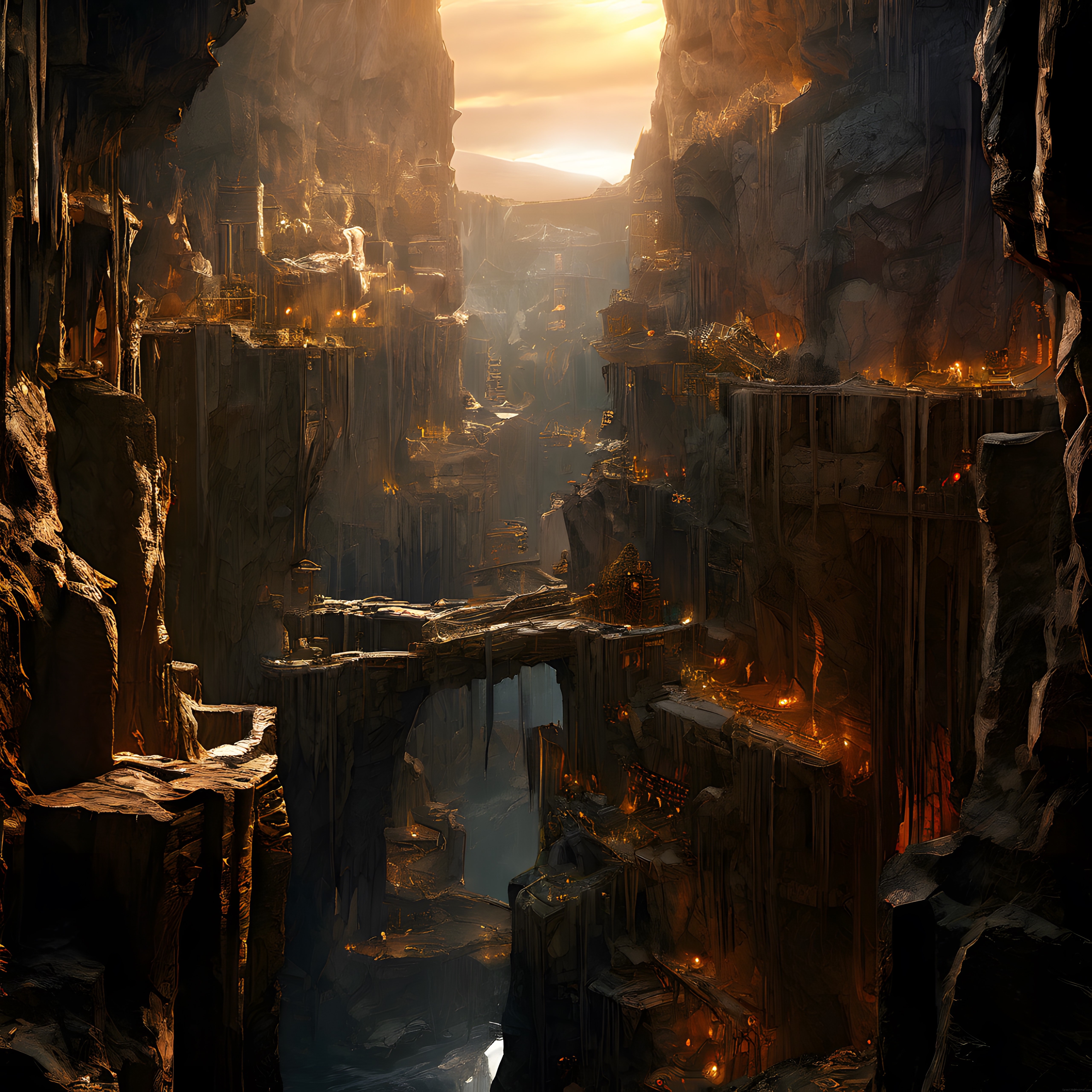 Kayalık Kanyon Duvarlarına Yayılmış Gizemli ve Işıltılı Fantastik Yeraltı Şehri