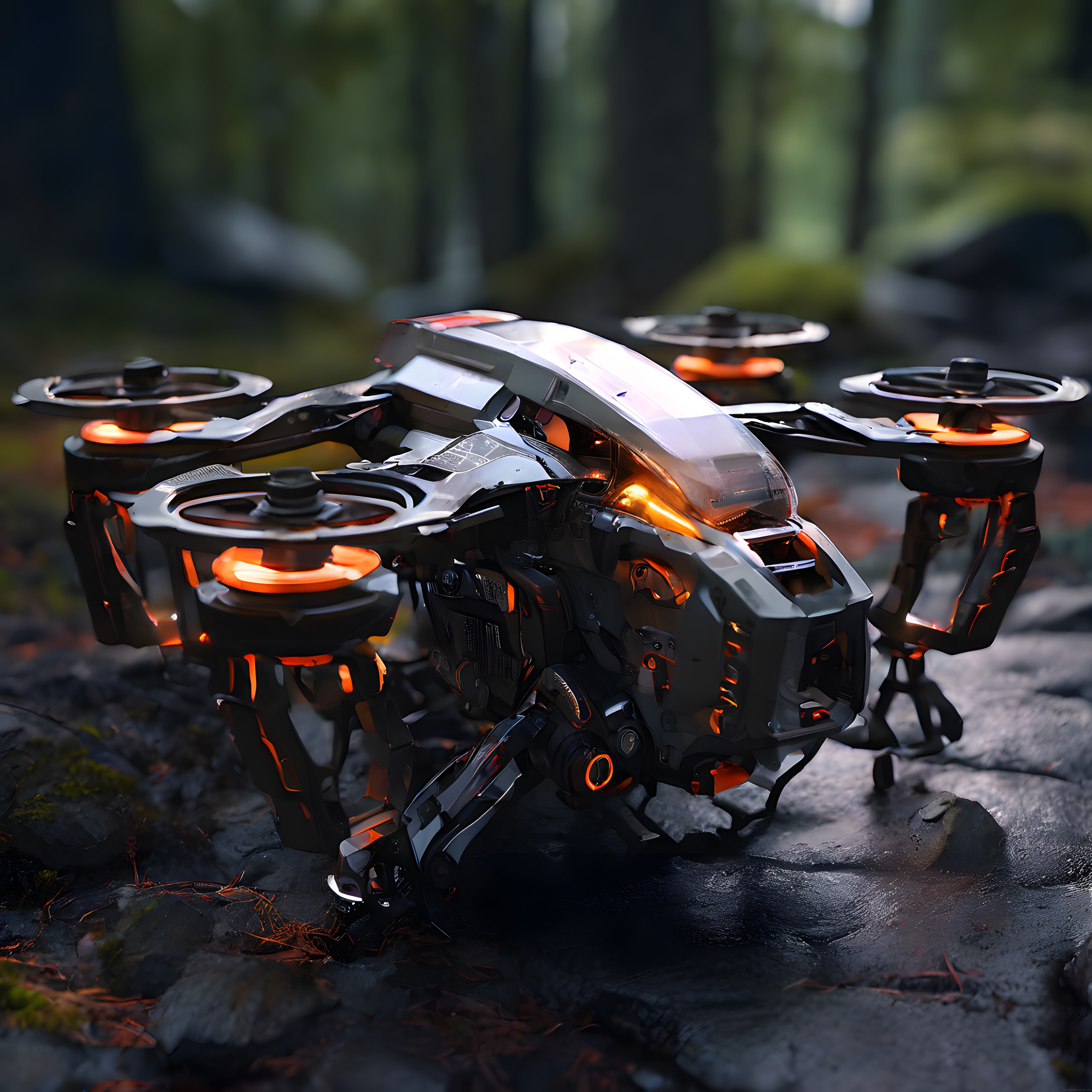 Kayalık ormanlık alanda ıslak zeminde duran turuncu ışıklı fütüristik drone