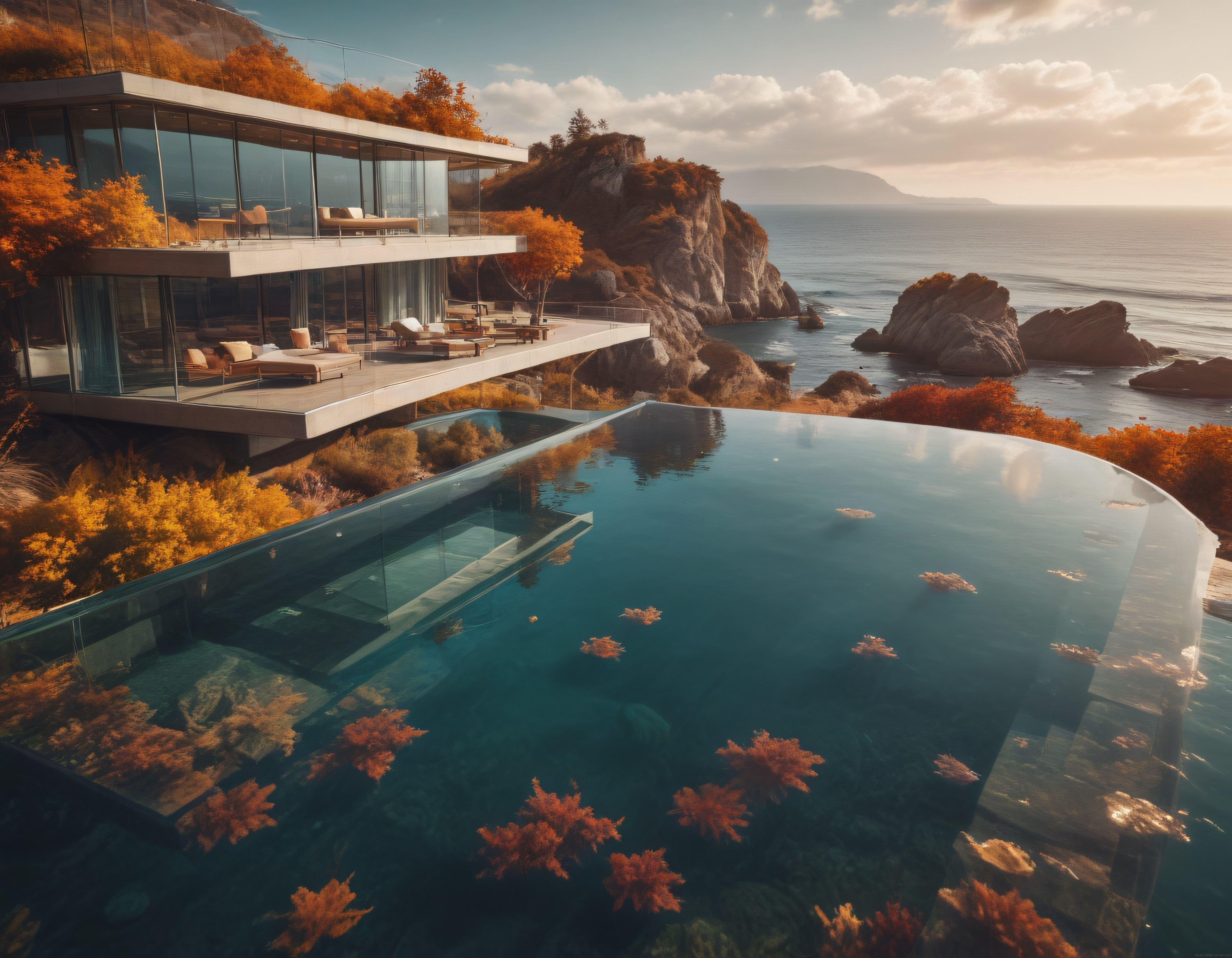Kayalık Sahilde Sonbahar Renginde Modern Villa, Sonsuz Havuz ve Deniz Manzarası