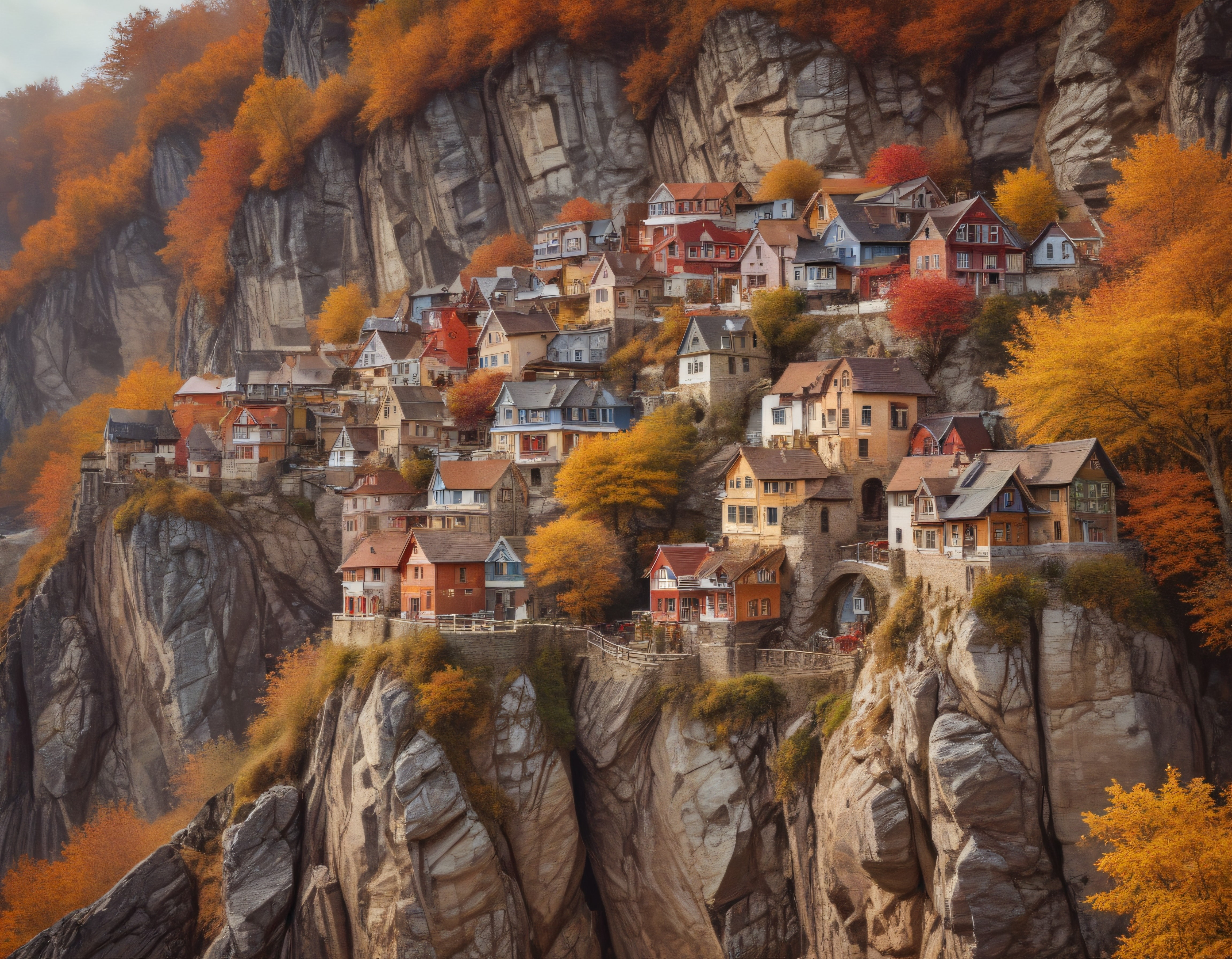 Kayalık uçuruma inşa edilmiş masalsı sonbahar kasabası panoraması