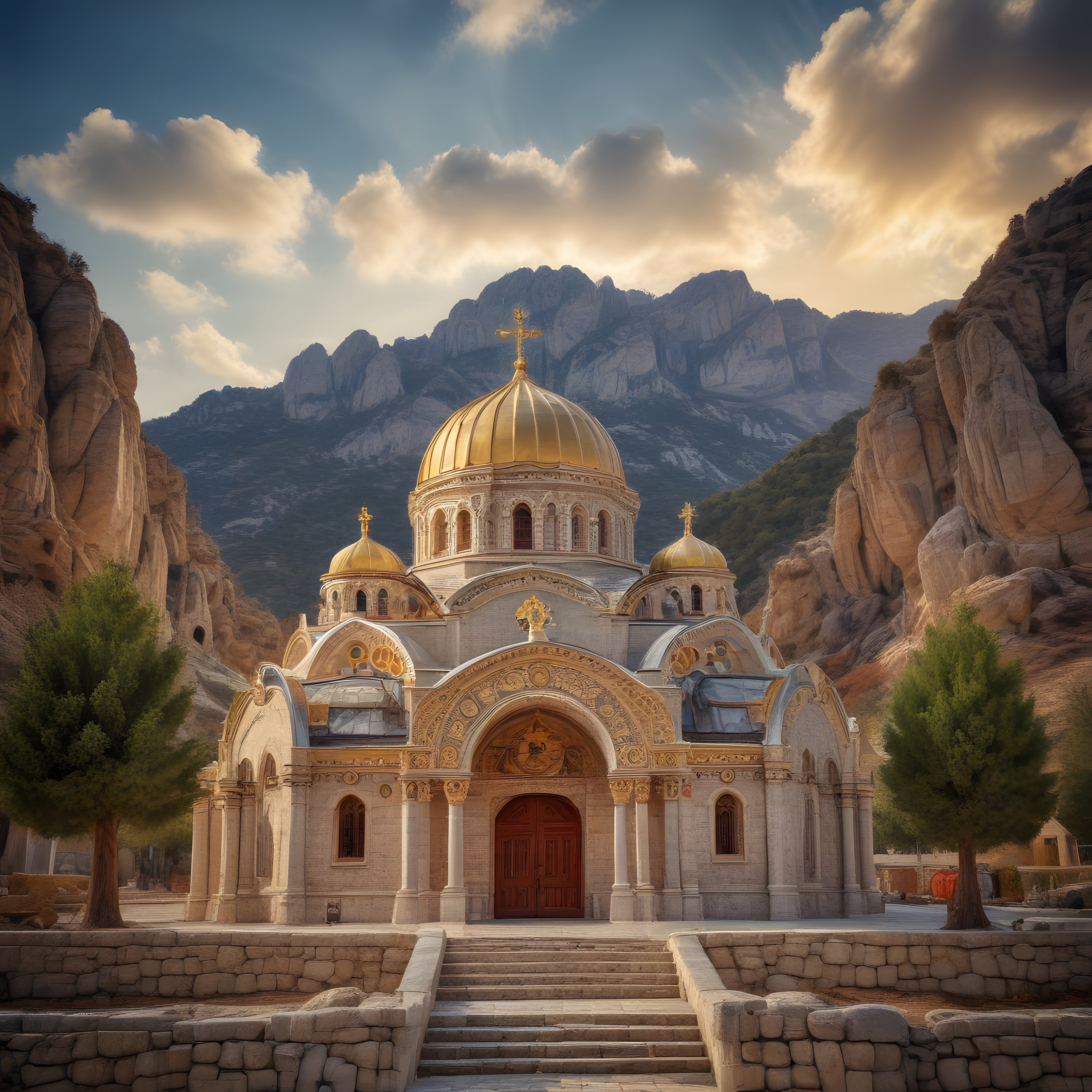Kayalık Vadide Altın Kubbeli Tarihi Kilise ve Görkemli Dağ Manzarası