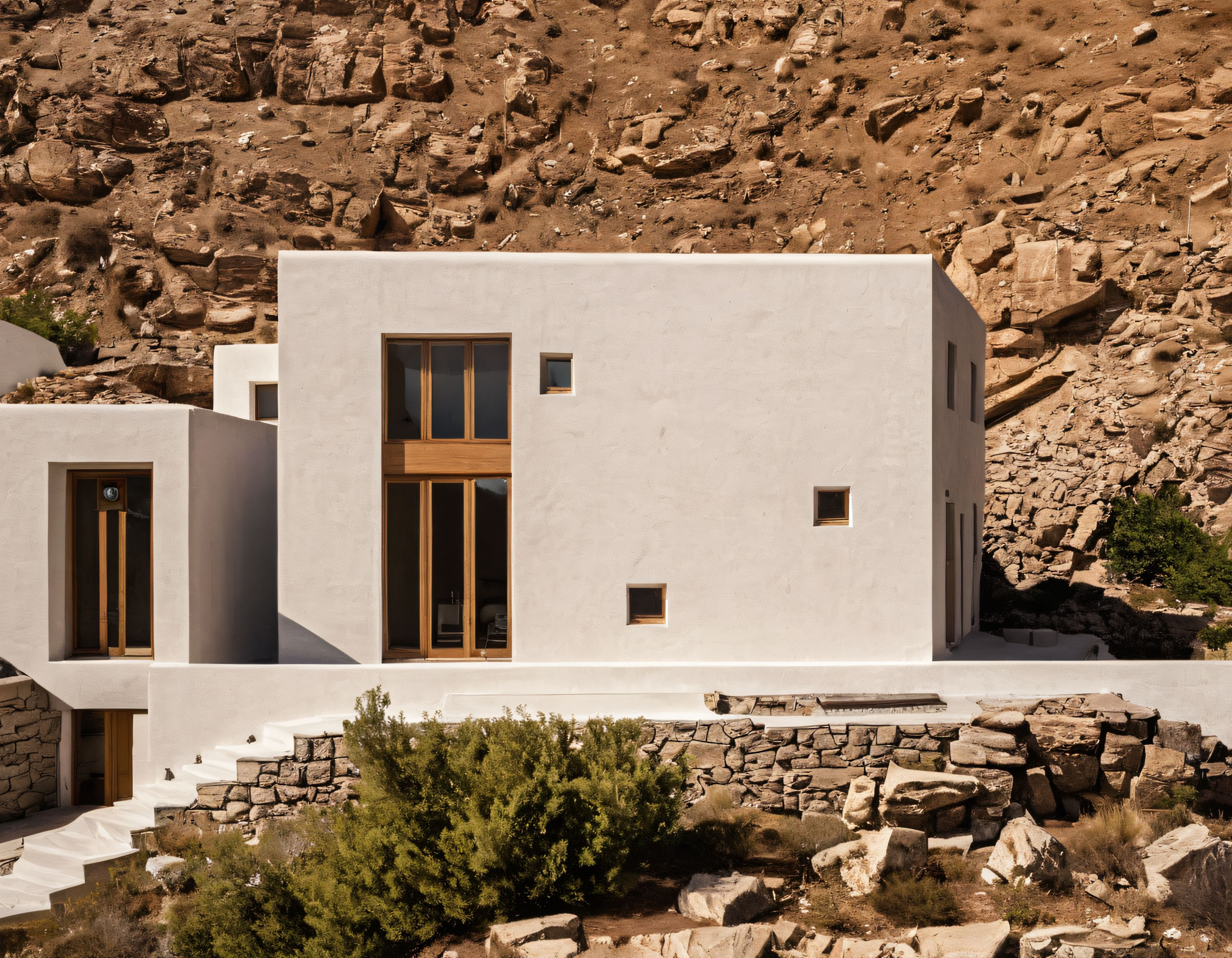 Kayalık Yamaçta Modern Beyaz Ev: Minimalist Mimari ve Doğal Dokunuşlar