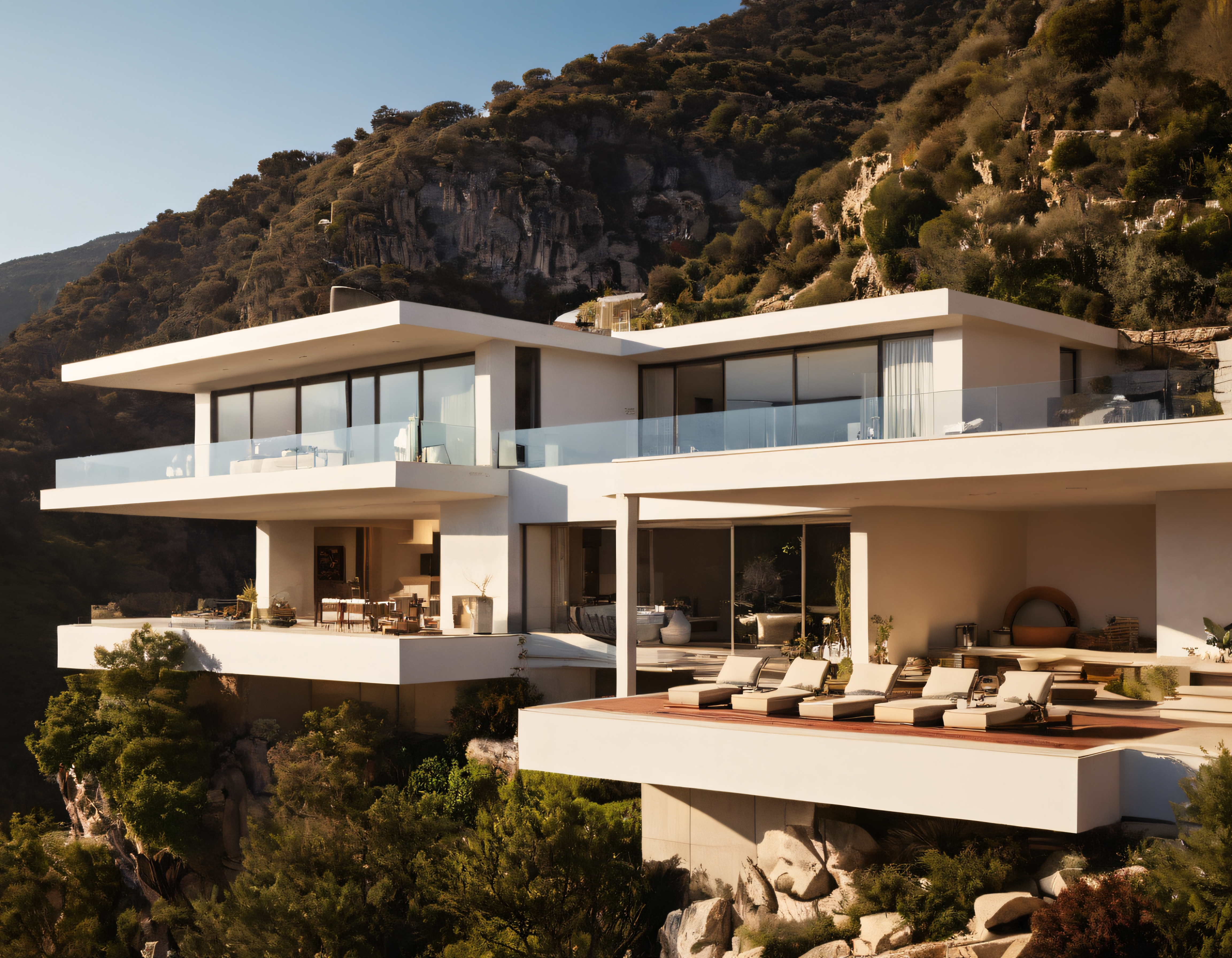 Kayalık Zirve Kenarında Modern Mimari Beyaz Villa ve Güneşlenme Terası
