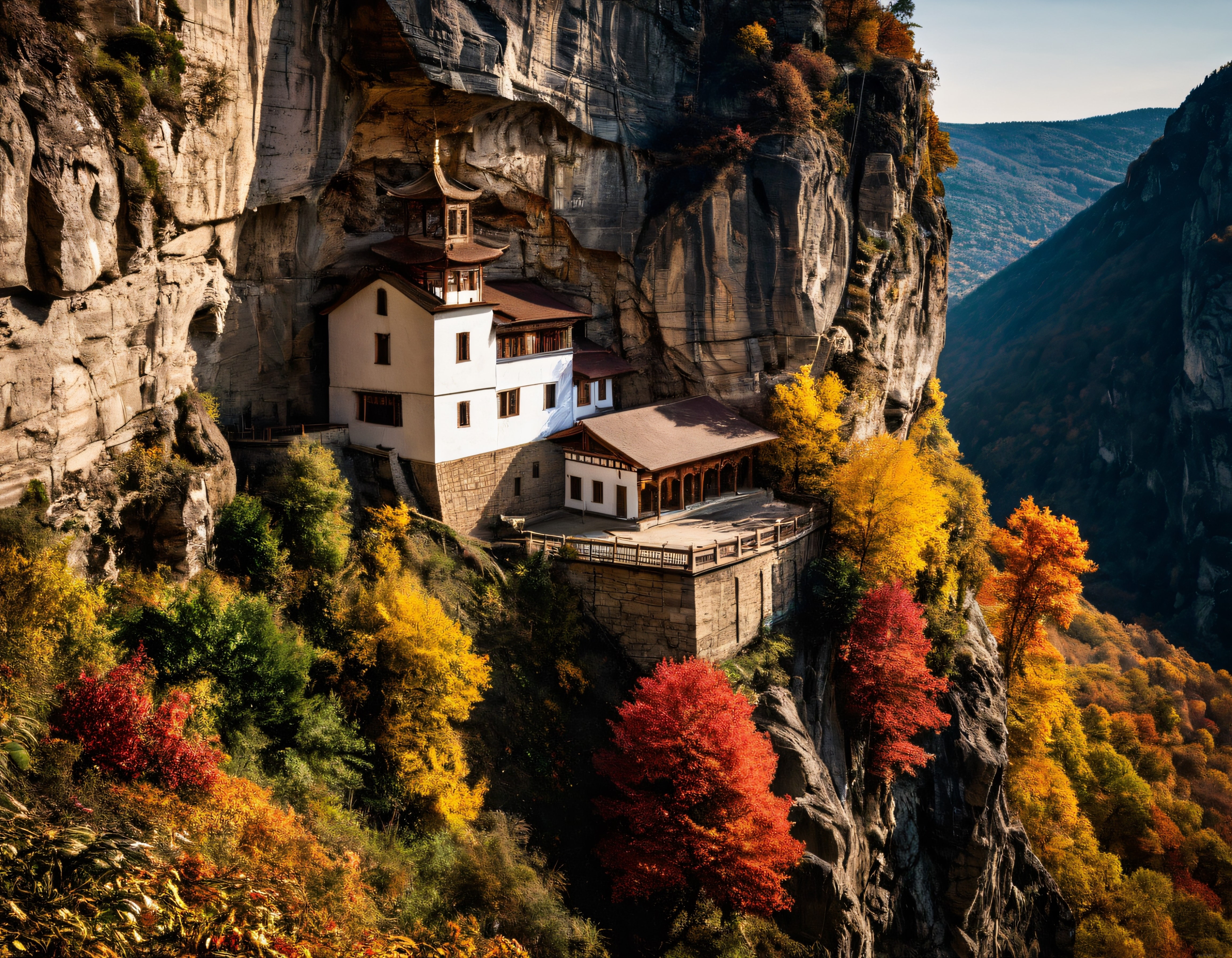 Kayalıklara Gömülen Antik Manastır ve Altın Sarısı Sonbahar Ormanı