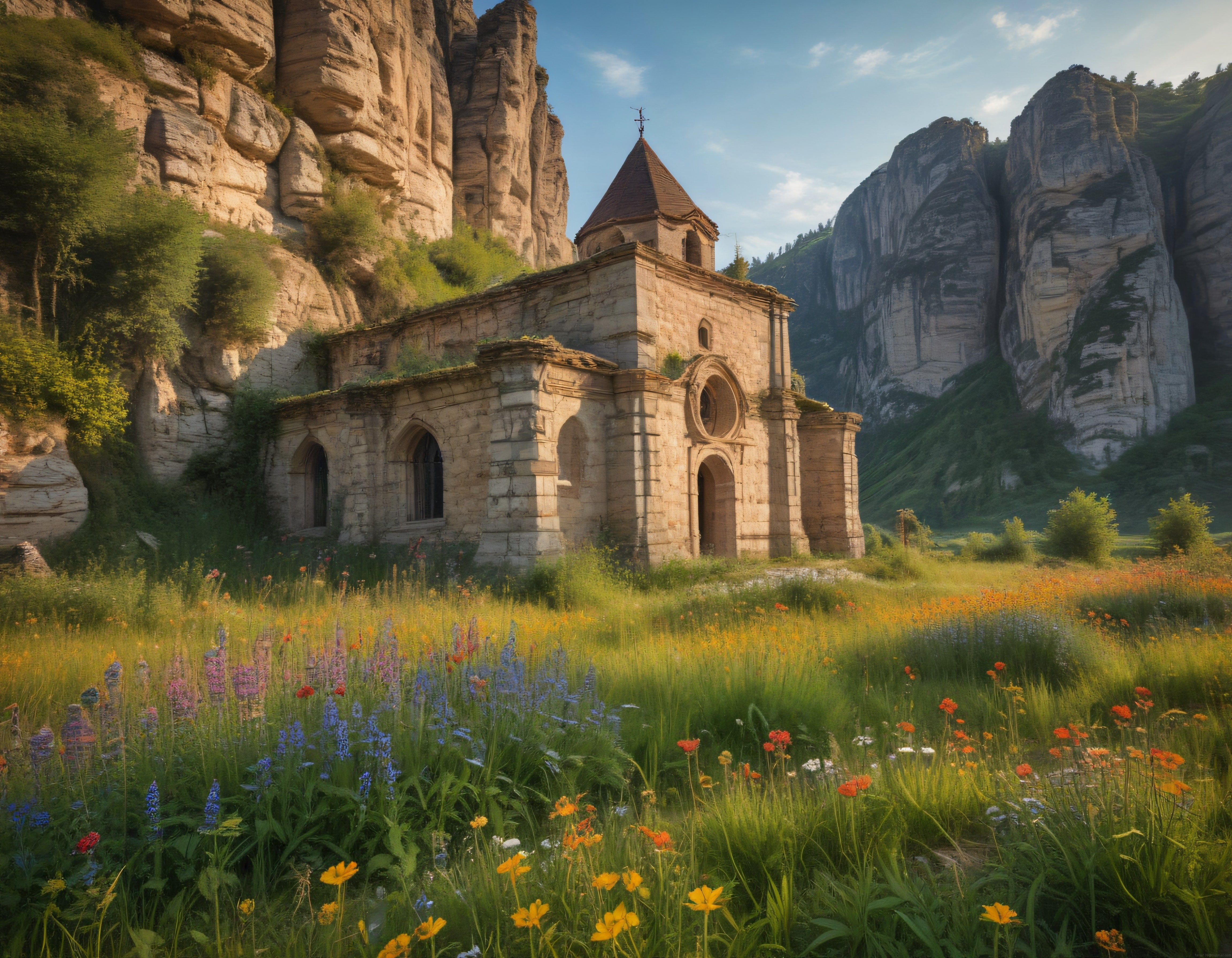 Kayalıkların arasına gizlenmiş tarihi taş kilise ve yaban çiçekleri vadisi