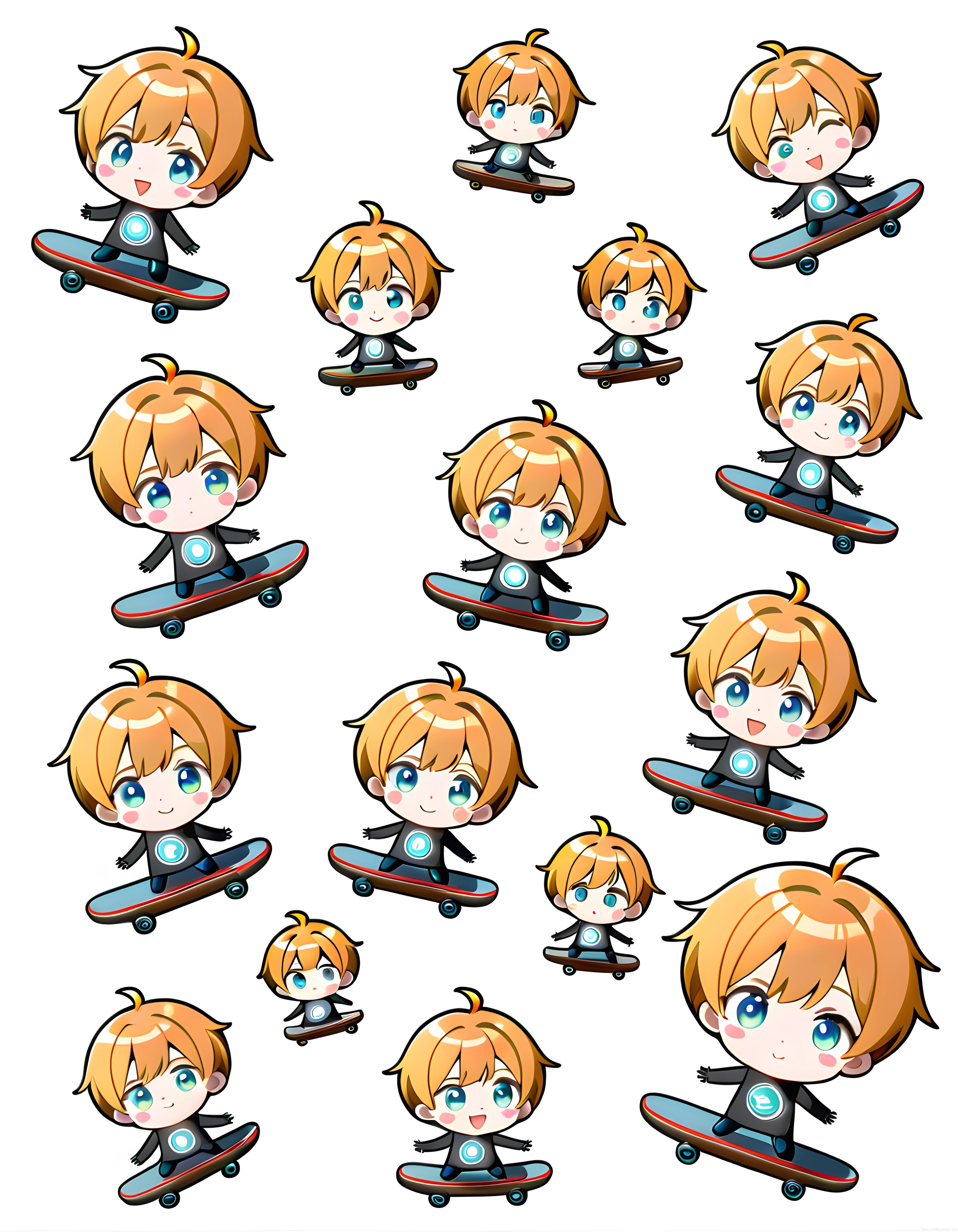 Kaykay Üzerinde Farklı Pozlarda Sevimli Chibi Anime Erkek Karakteri Sticker Seti