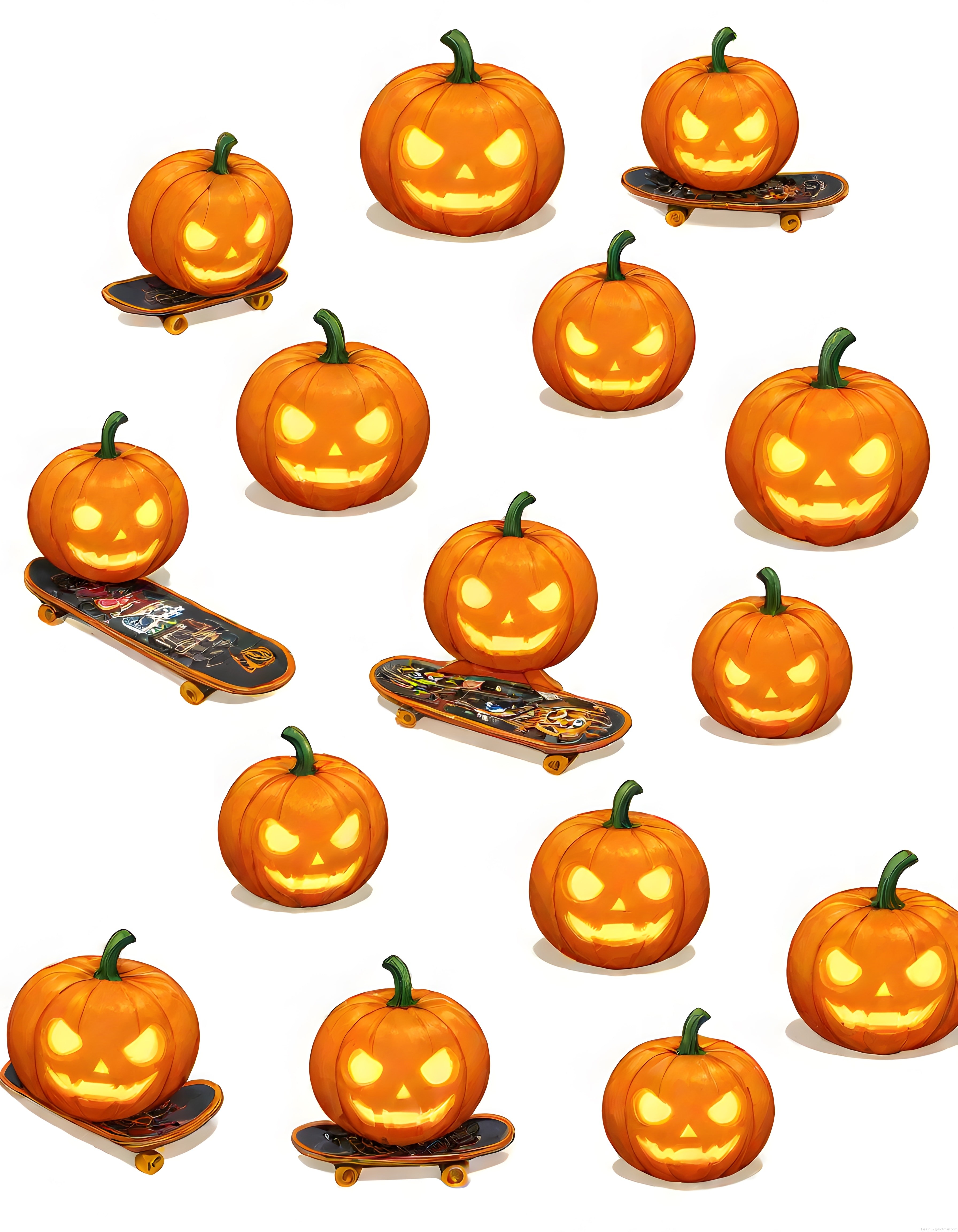 Kaykay üzerinde ışıldayan sevimli halloween kabakları dijital illüstrasyon seti