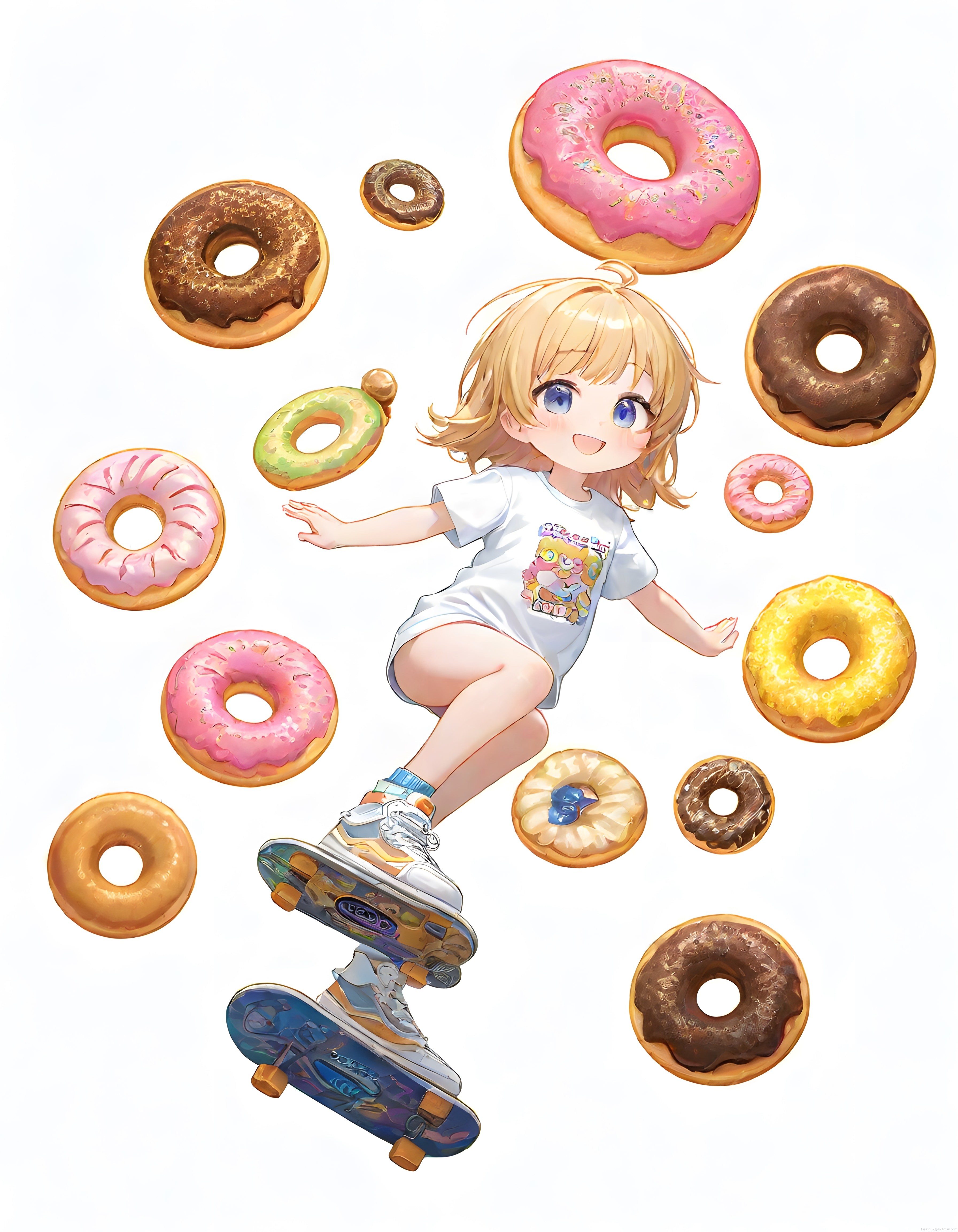 Kaykay Üzerinde Zıplayan Anime Kız ve Etrafında Uçan Renkli Donutlar