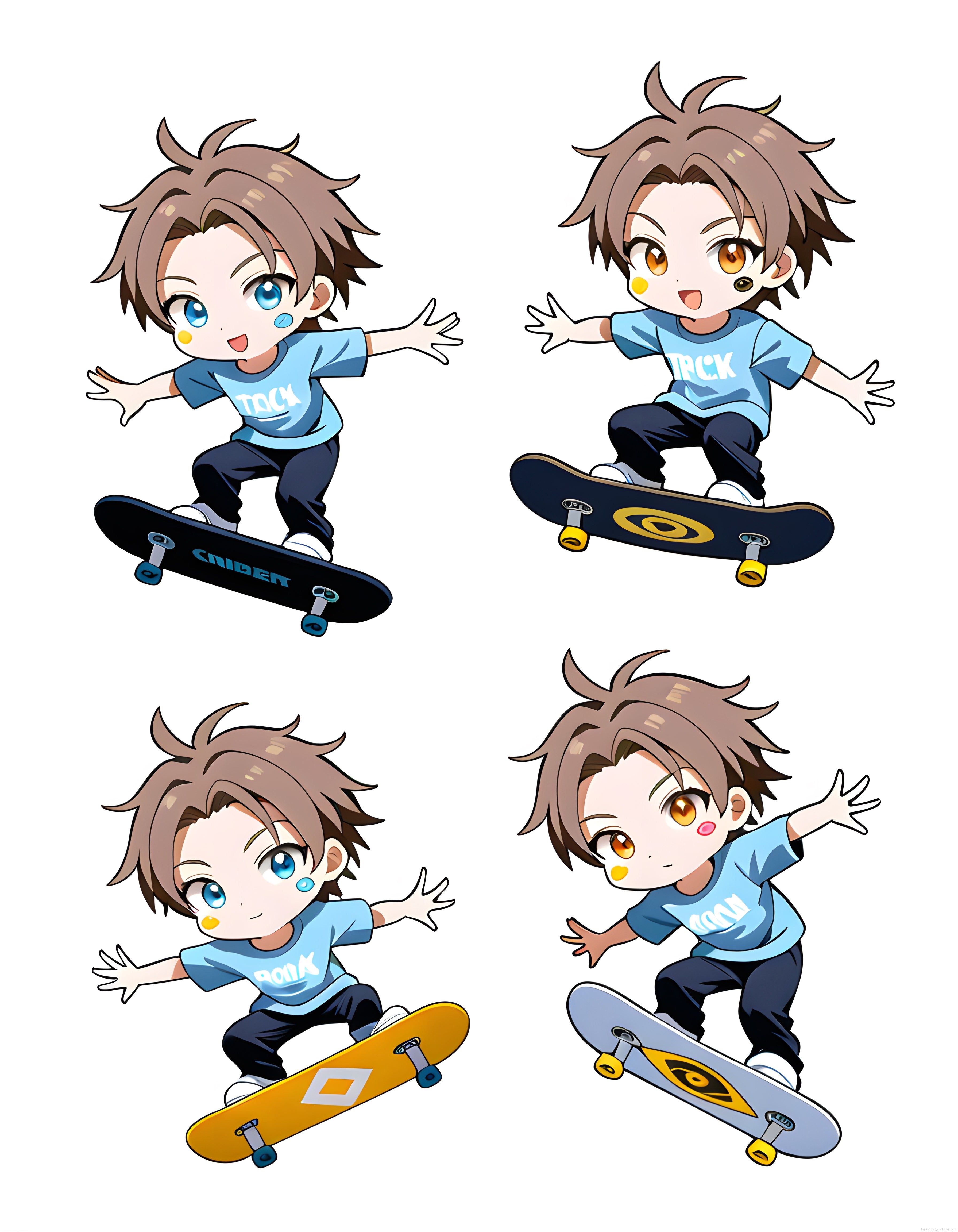 Kaykay Yapan Sevimli Chibi Anime Erkek Karakter Dijital Sanat Çizim Seti