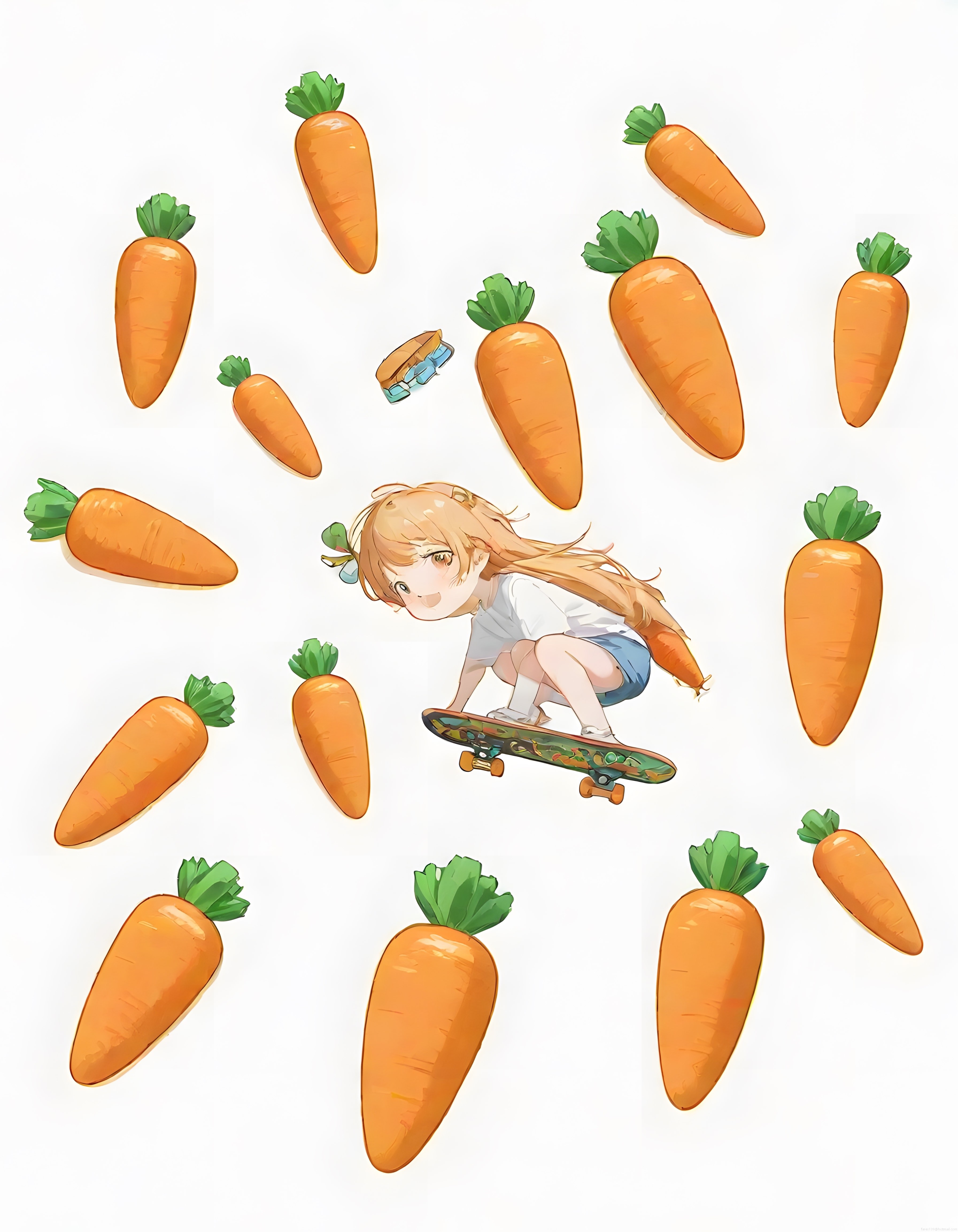 Kaykaydaki Sevimli Anime Kız ve Etrafını Çevreleyen Uçan Havuçların İllüstrasyonu