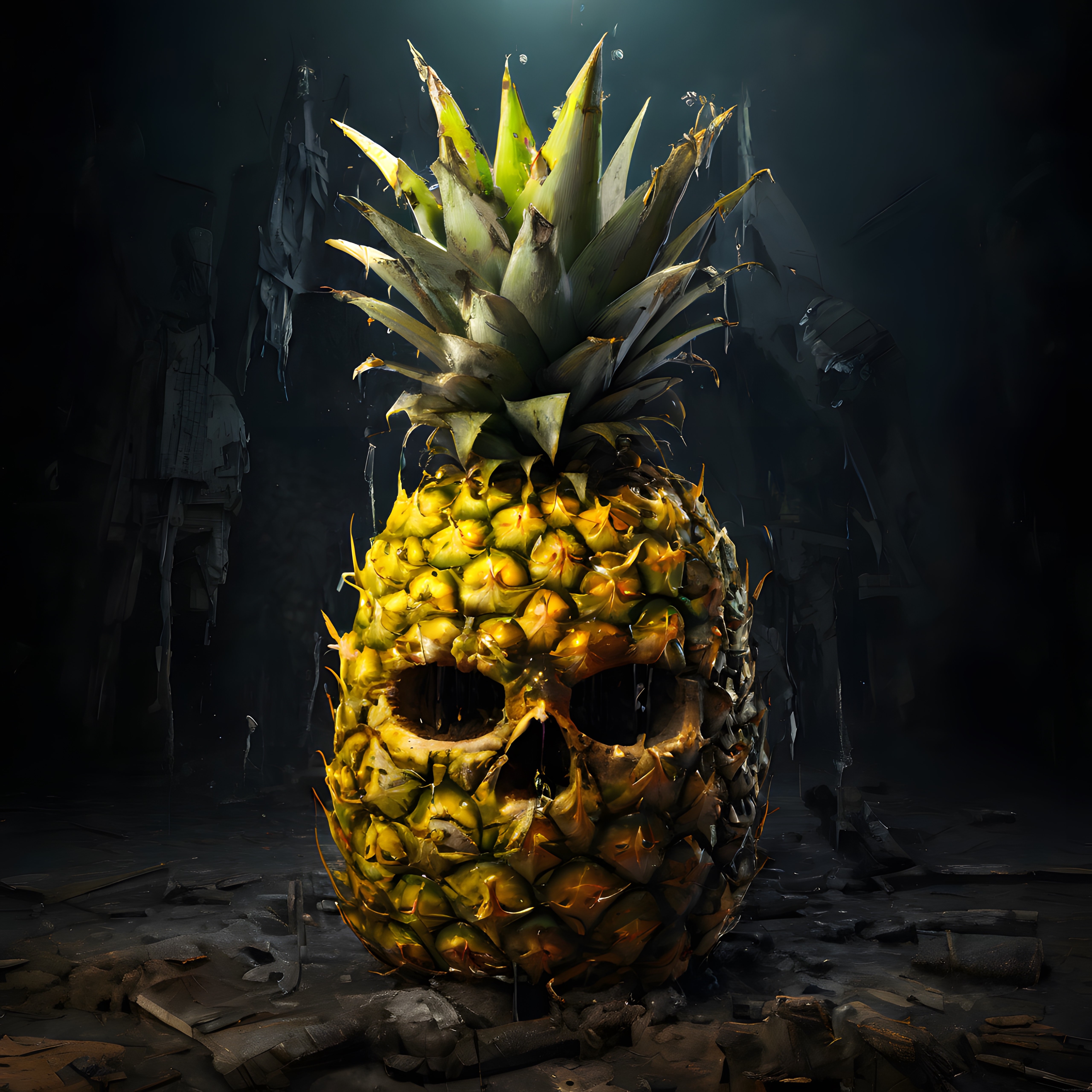 Kazınmış Yüzüyle Karanlık Bir Ortamda Duran Ananas Dijital Sanat Eseri