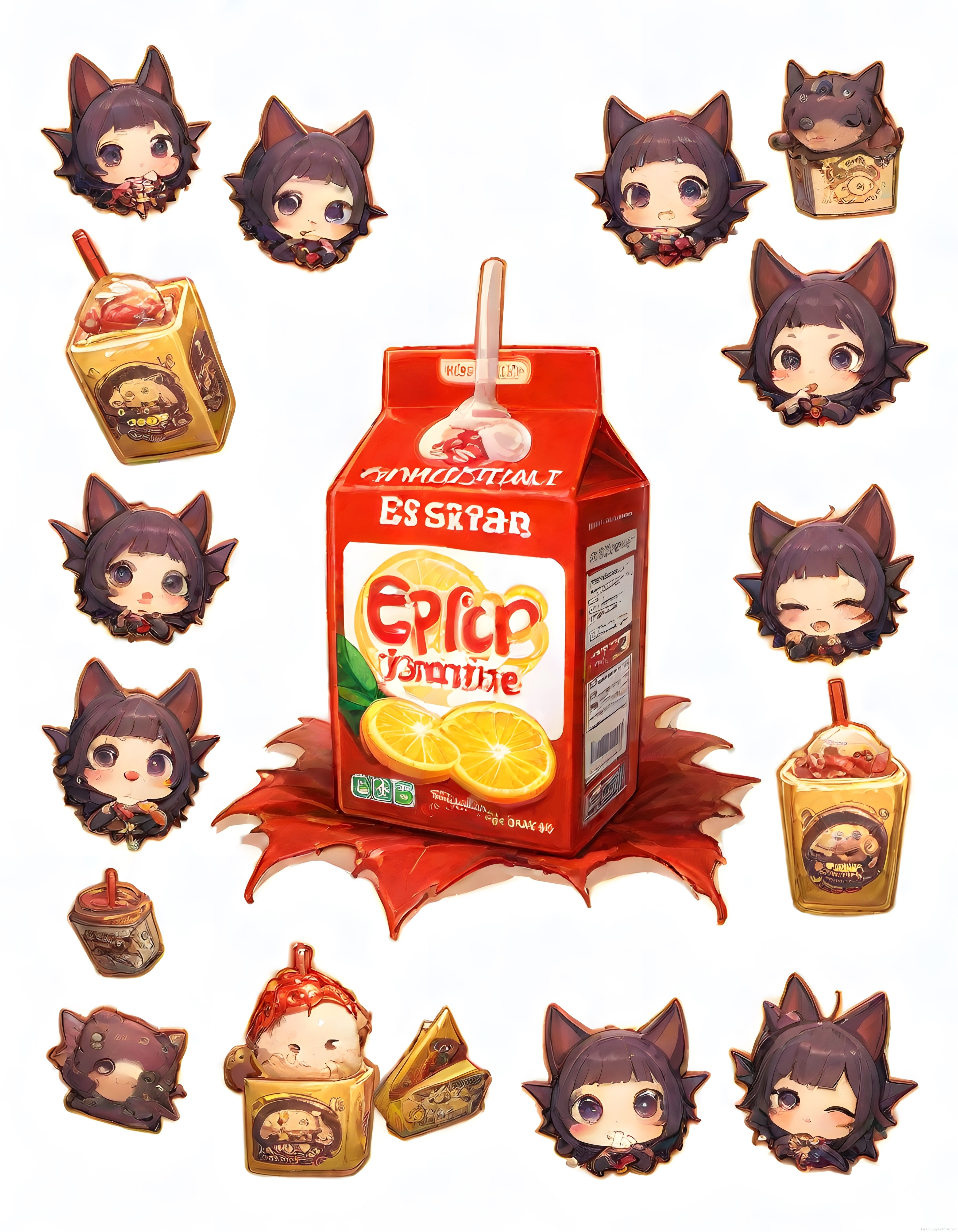 Kedi kız chibi karakterler ve kırmızı meyve suyu kutusu anime sticker sanatı
