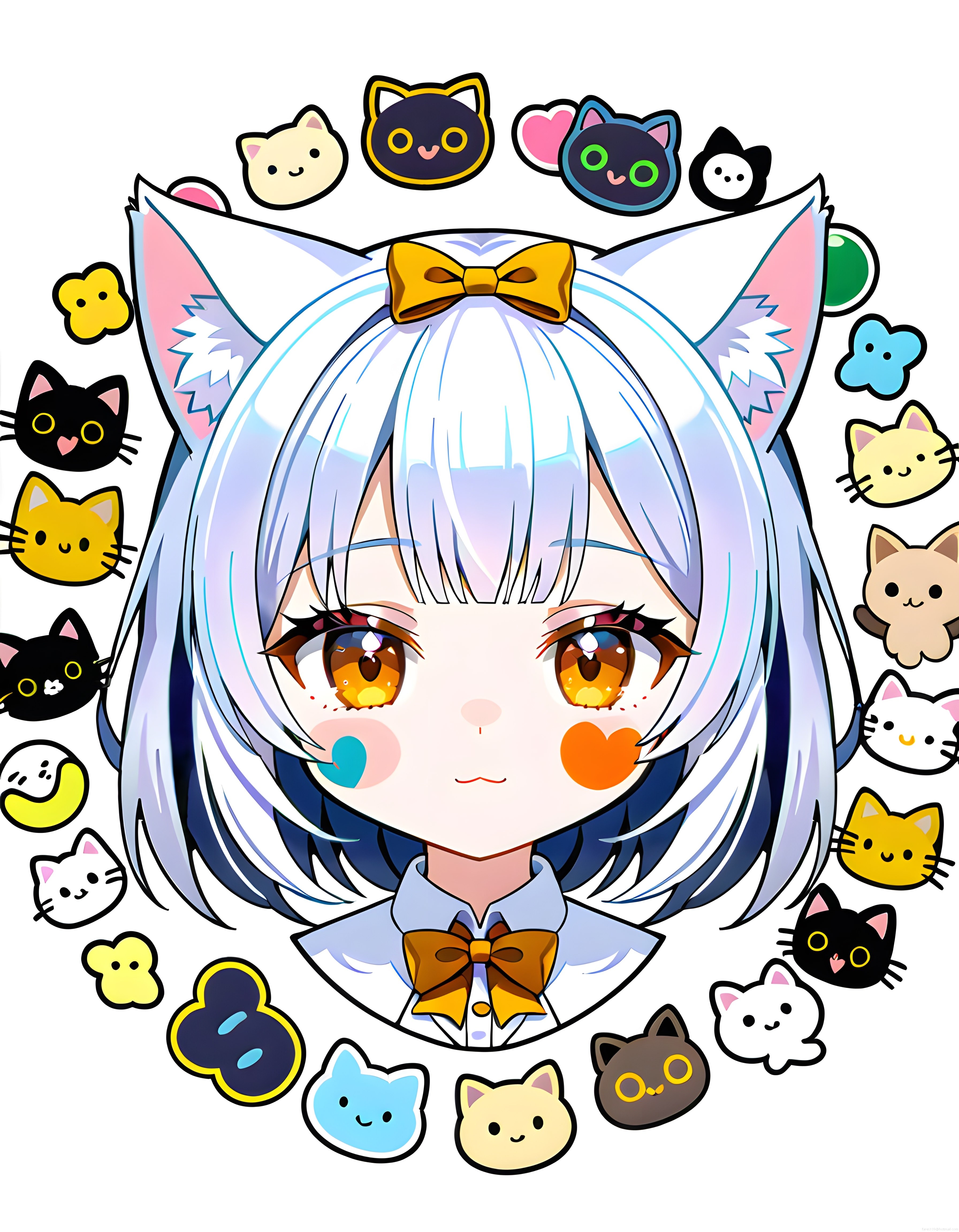 kedi kulaklı sevimli anime kız ve kedilerle çevrili kawaii dijital tasarım