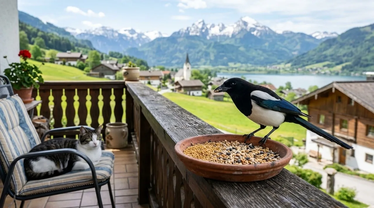 Kedi ve karganın balkon ziyafeti - kırsal manzara