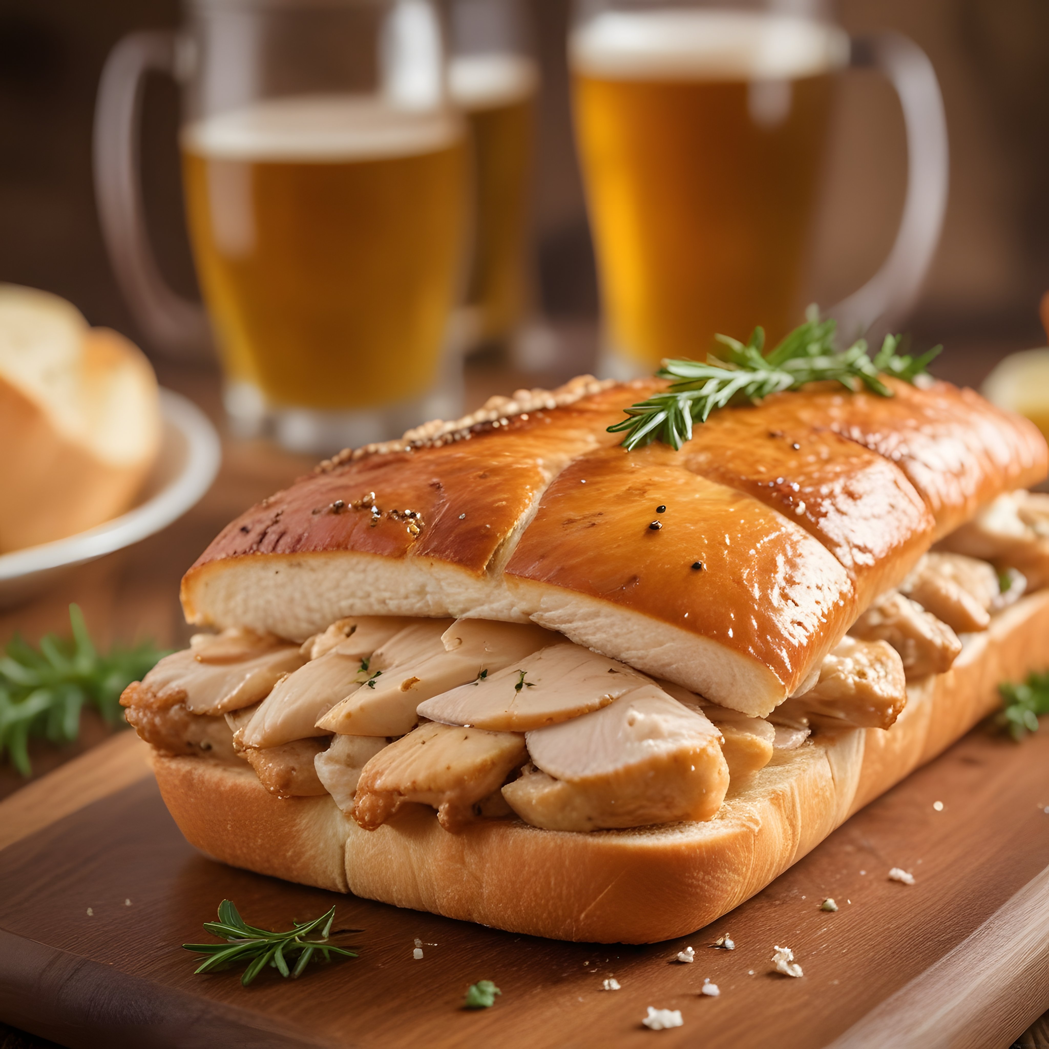 Kekik dallı tavuklu uzun sandviç ve bira bardakları