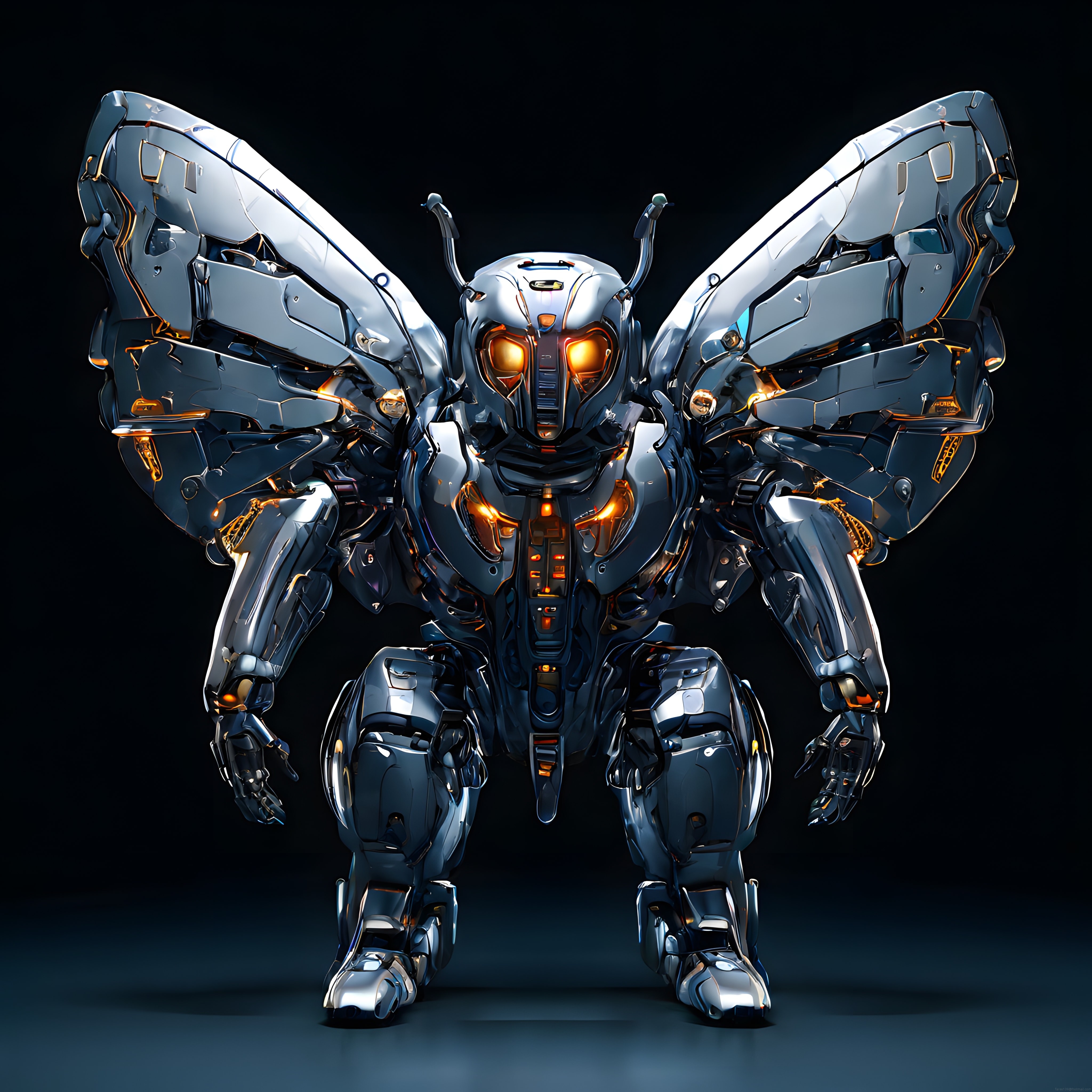 Kelebek Kanatlı Gümüş Metalik Dev Robot: Cyberpunk Mekanik Tasarım
