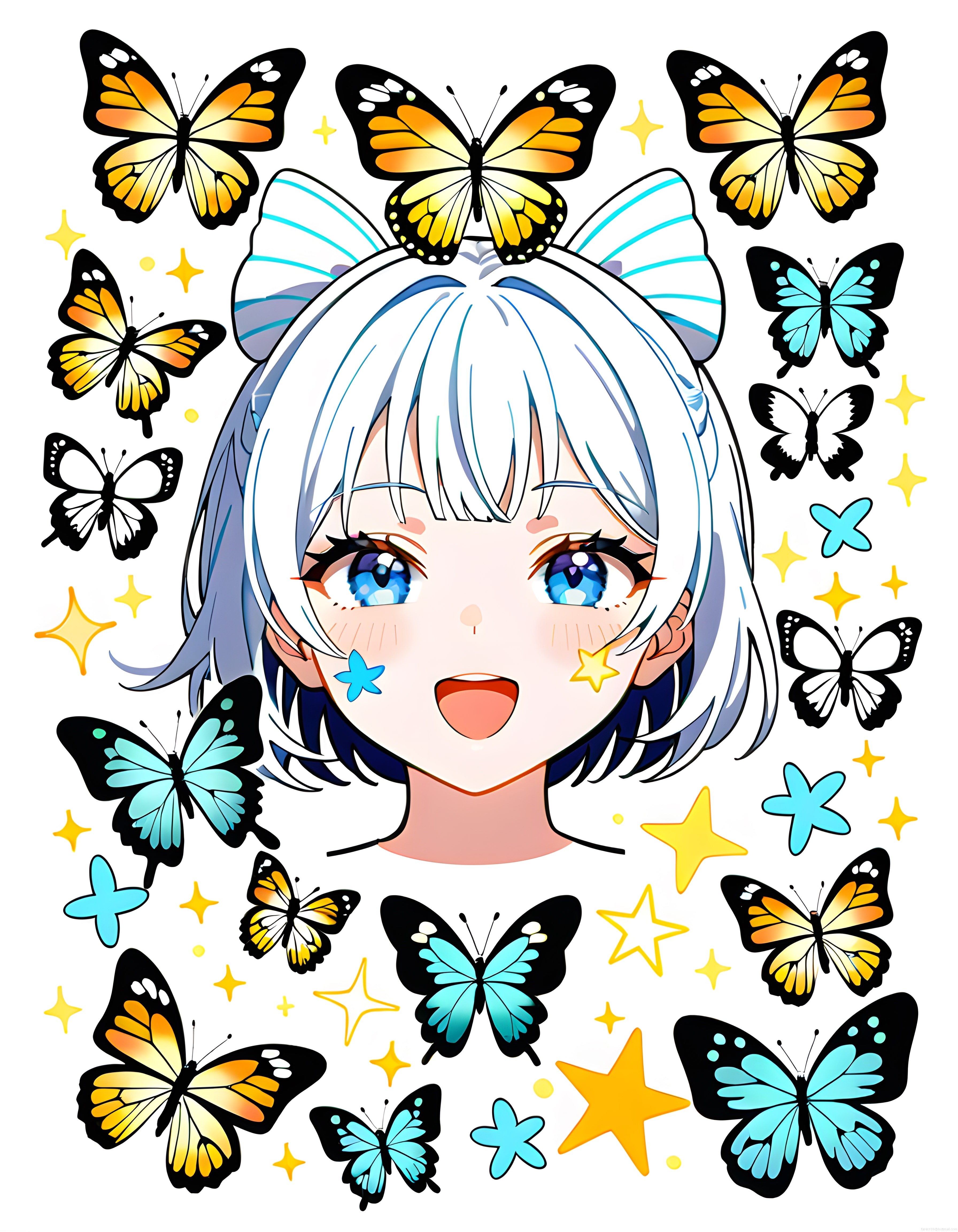 Kelebekler ve Yıldızlarla Süslenmiş Sevimli Anime Karakteri Dijital Sanat Eseri