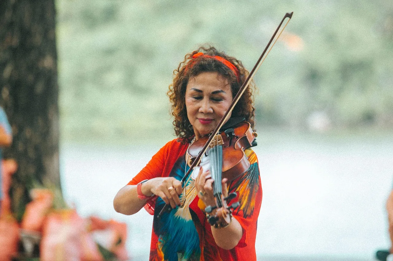Keman çalan kadın sokak performansı - parkta müzik