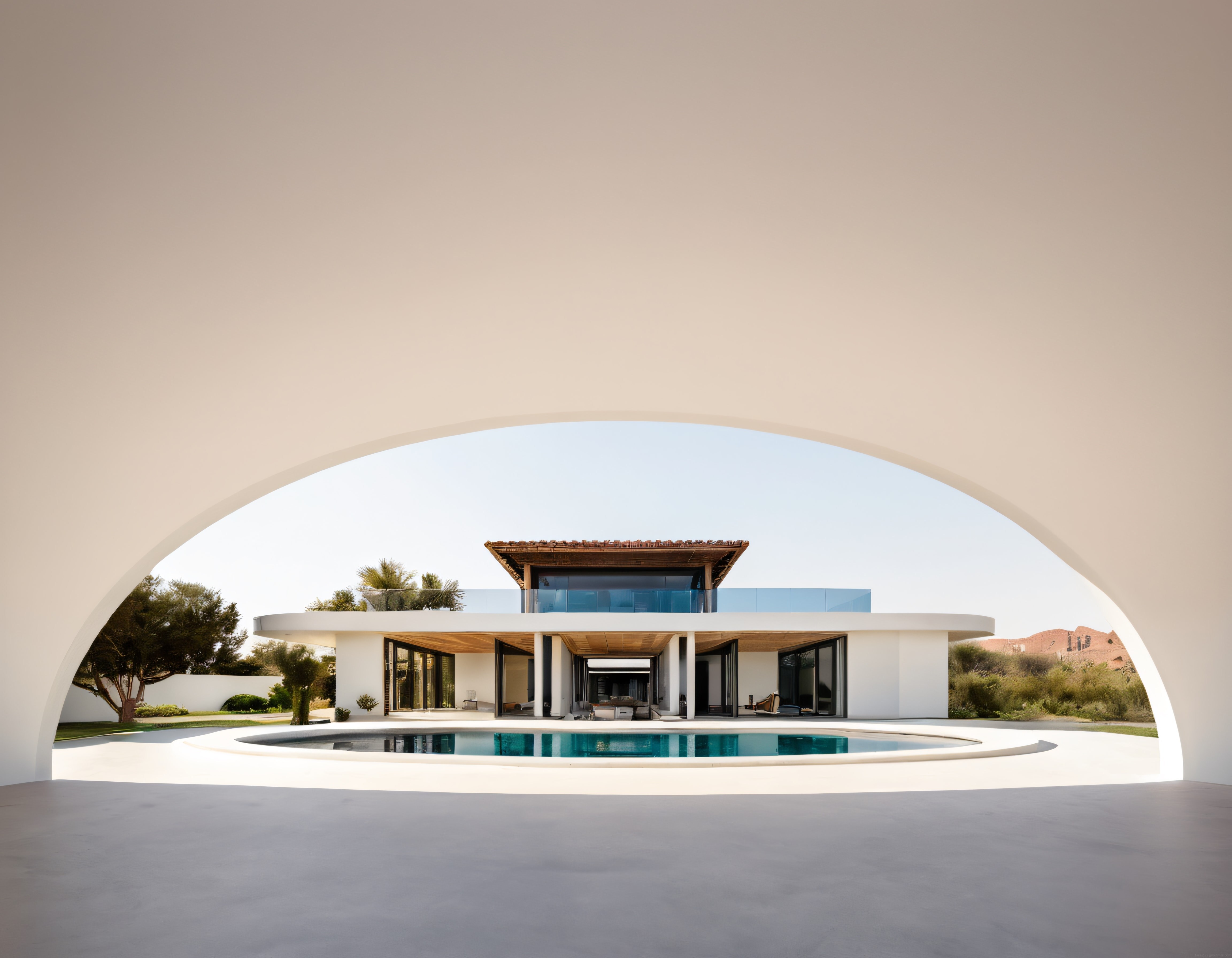Kemerli Beyaz Açıklıktan Görünen Modern Lüks Villa ve Yüzme Havuzu